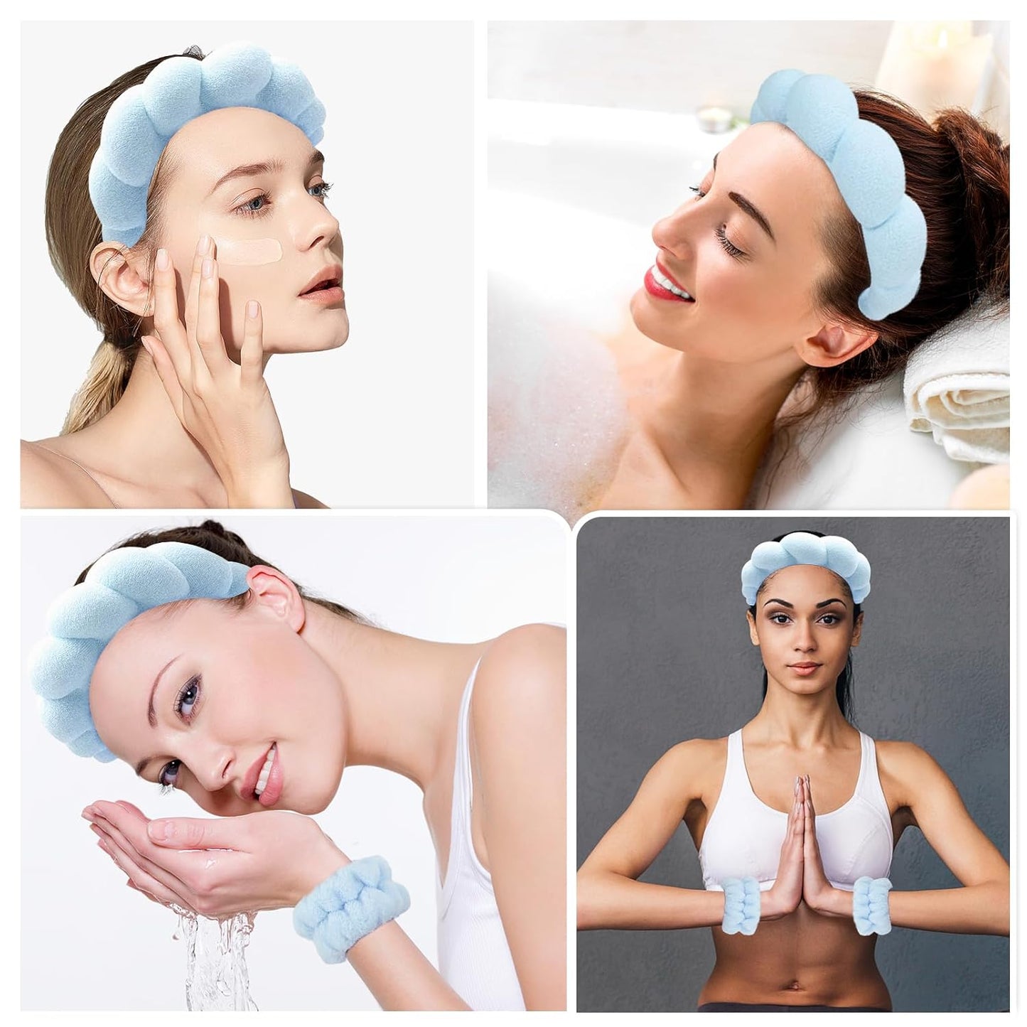 Zkptops Spa Headband for Washing Face Wristband Set Sponge Makeup Skin Care Terry Cloth Bubble Soft Get Ready Light Blue Hairband Women Girls Puffy Padded Headwear Non Slip Thick Hair Accessory