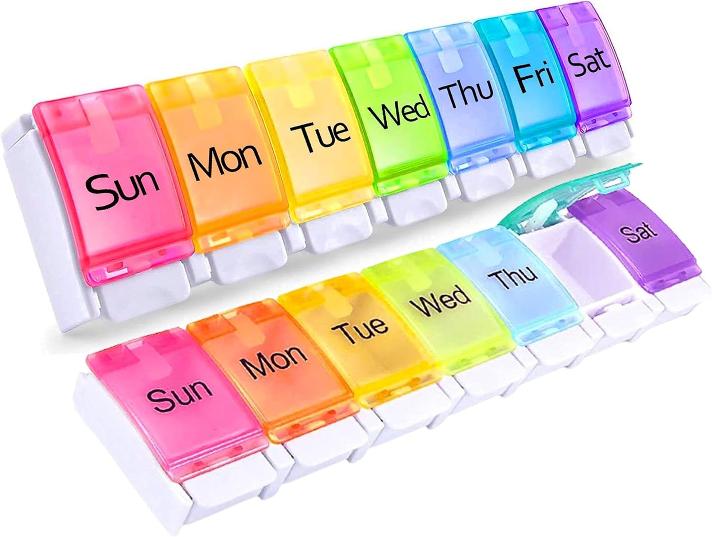 PERFORMORE 2 Pack of Portable Weekly 7-Day Pill Organizer, Travel Medicine Box, Rainbow Color, BPA Free with Easy Push Button Design Case Holder for Pills, Vitamin, Supplements and Medicine
