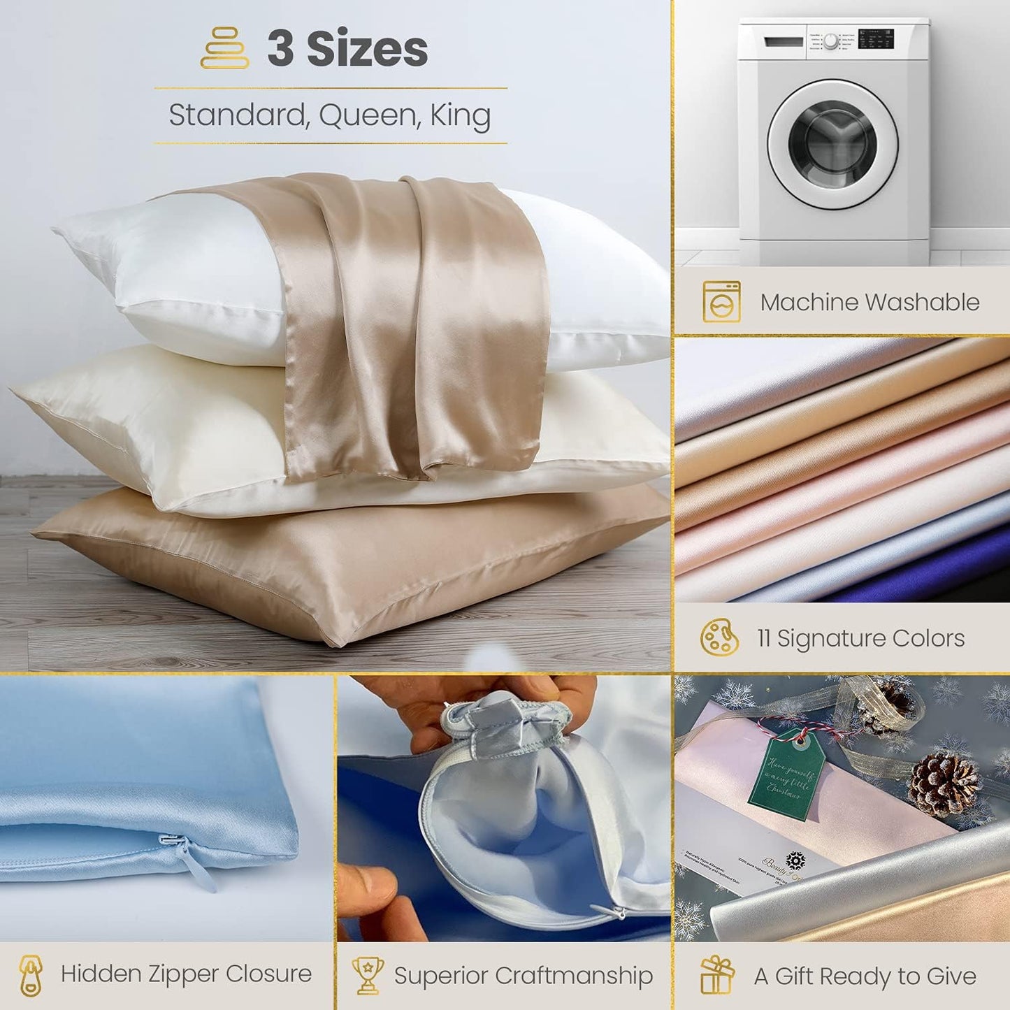 19 Momme Premium Mulberry Silk Pillowcase for Hair and Skin | Handcrafted Hypoallergenic & Anti-Acne 100% Silk Pillow Cases with Zipper | Standard - 20" x 26", Silver Lining