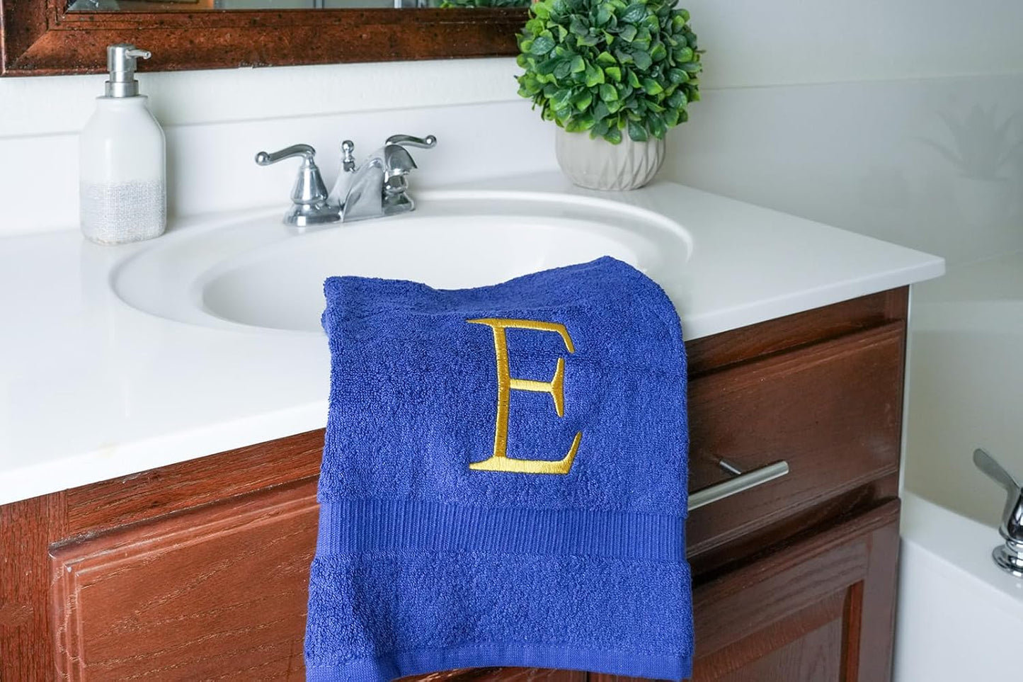 Navy Monogram Hand Towel for Bathroom - Monogrammed Initial Hotel Quality Decorative Embroidered Luxury Towel for Powder Room, Spa - GOTS Organic Certified - Set of 2 Letter E