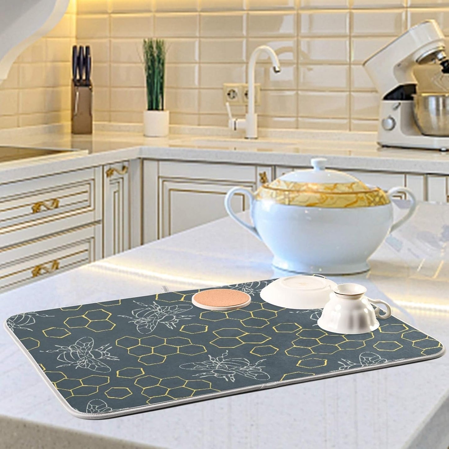 Dish Drying Mat for Kitchen Counter Bees and Golden Hive Absorbent Microfiber Drying Pad Dish Drainer Mat 18 x 16 Inch Reversible Bottles Dish Dry Pad