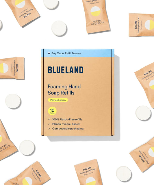 BLUELAND Foaming Hand Soap Refill Tablets, 10-Pack, Perrine Lemon Scent, Eco Friendly Cleaning Products, 10 x 9 Fl oz