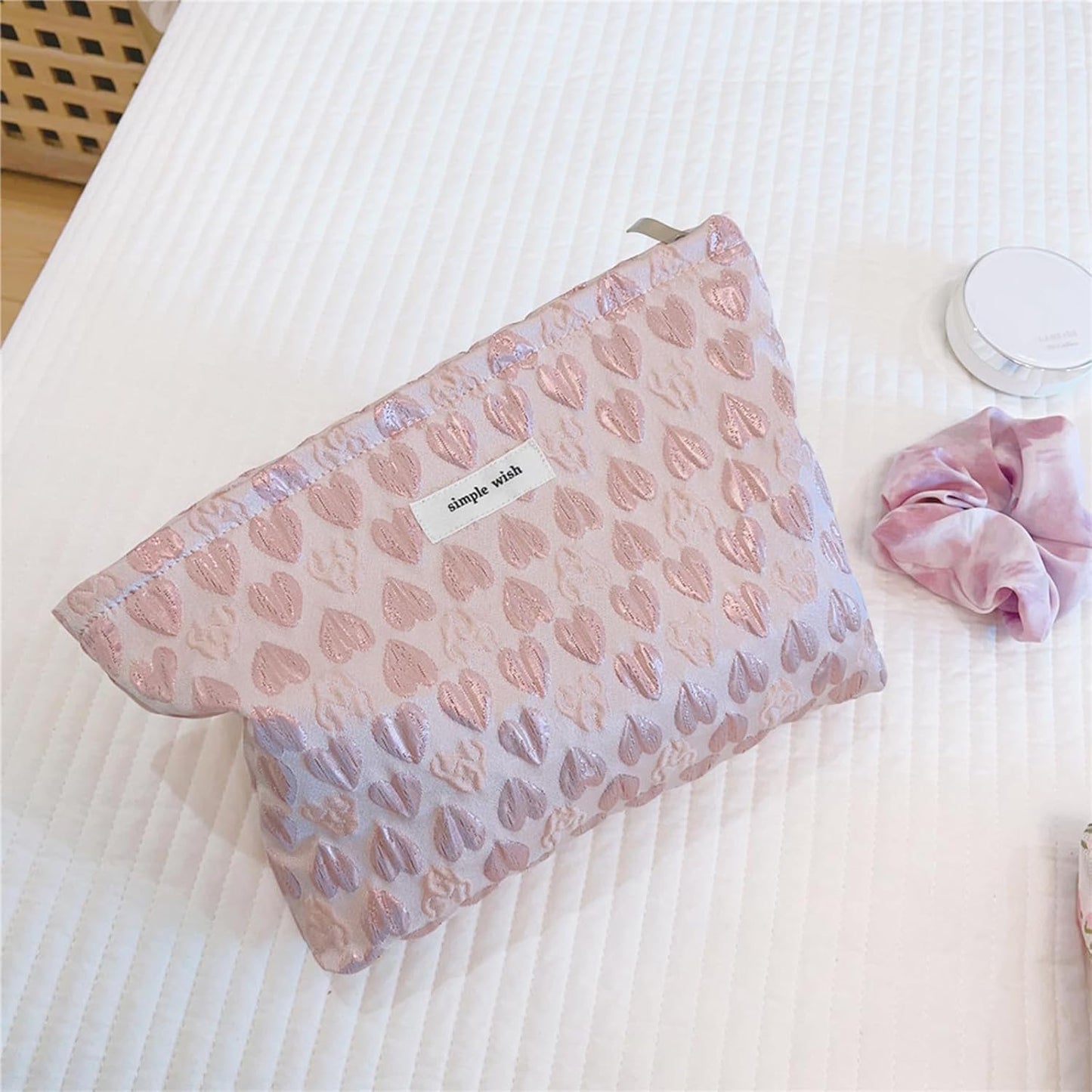 Wudygirl Makeup Bag Travel Cosmetic Bag Large Capacity Makeup Pouch for Women Canvas Make up Organizer Pencil Pouch Aesthetic Zipper Handbag (Pink Heart)