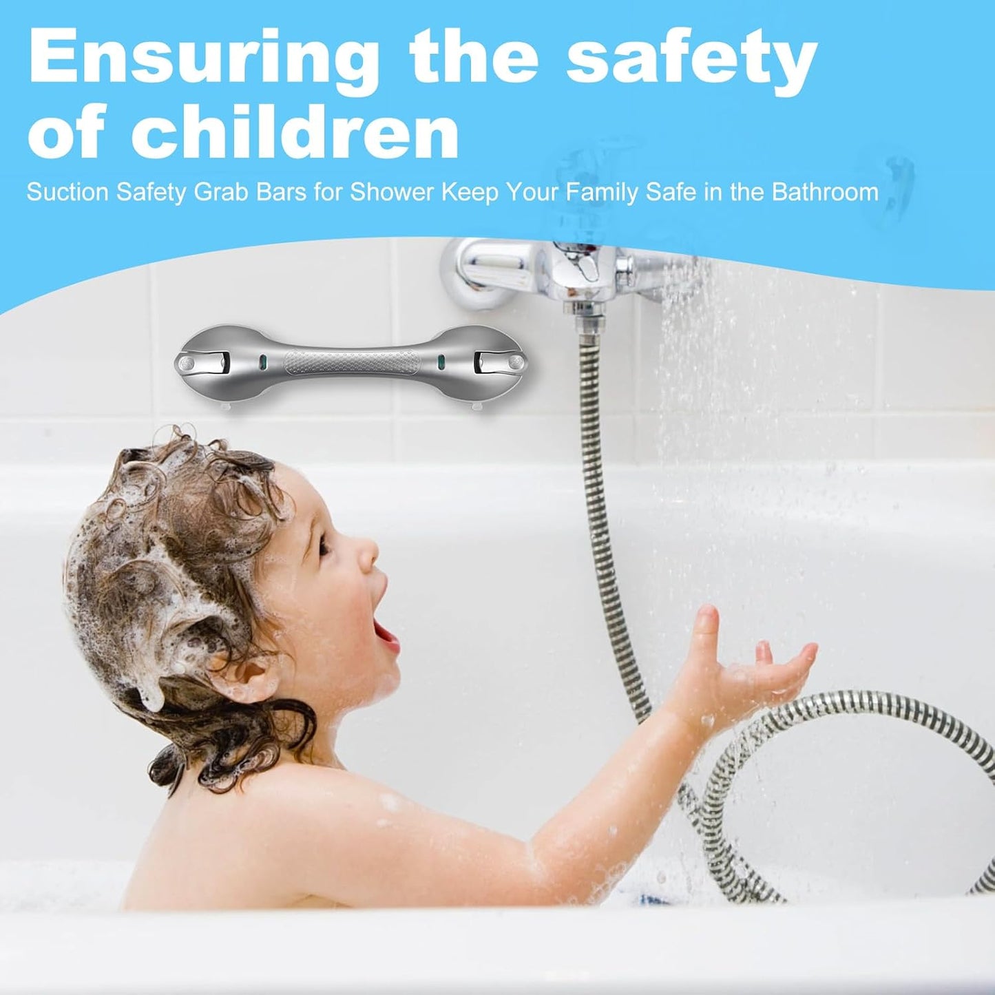 Suction Grab Bars for Bathtubs and Showers, Heavy Duty Shower Handle Removable Shower Handrails for Kids, Bathroom Safety Grip Waterproof(Silver)