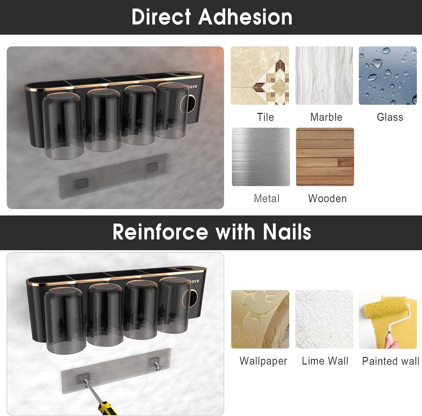 iHave Toothbrush Holders Bathroom Accessories with Toothpaste Dispenser, 4 Cups Toothbrush Holder Wall Mounted Bathroom Decor