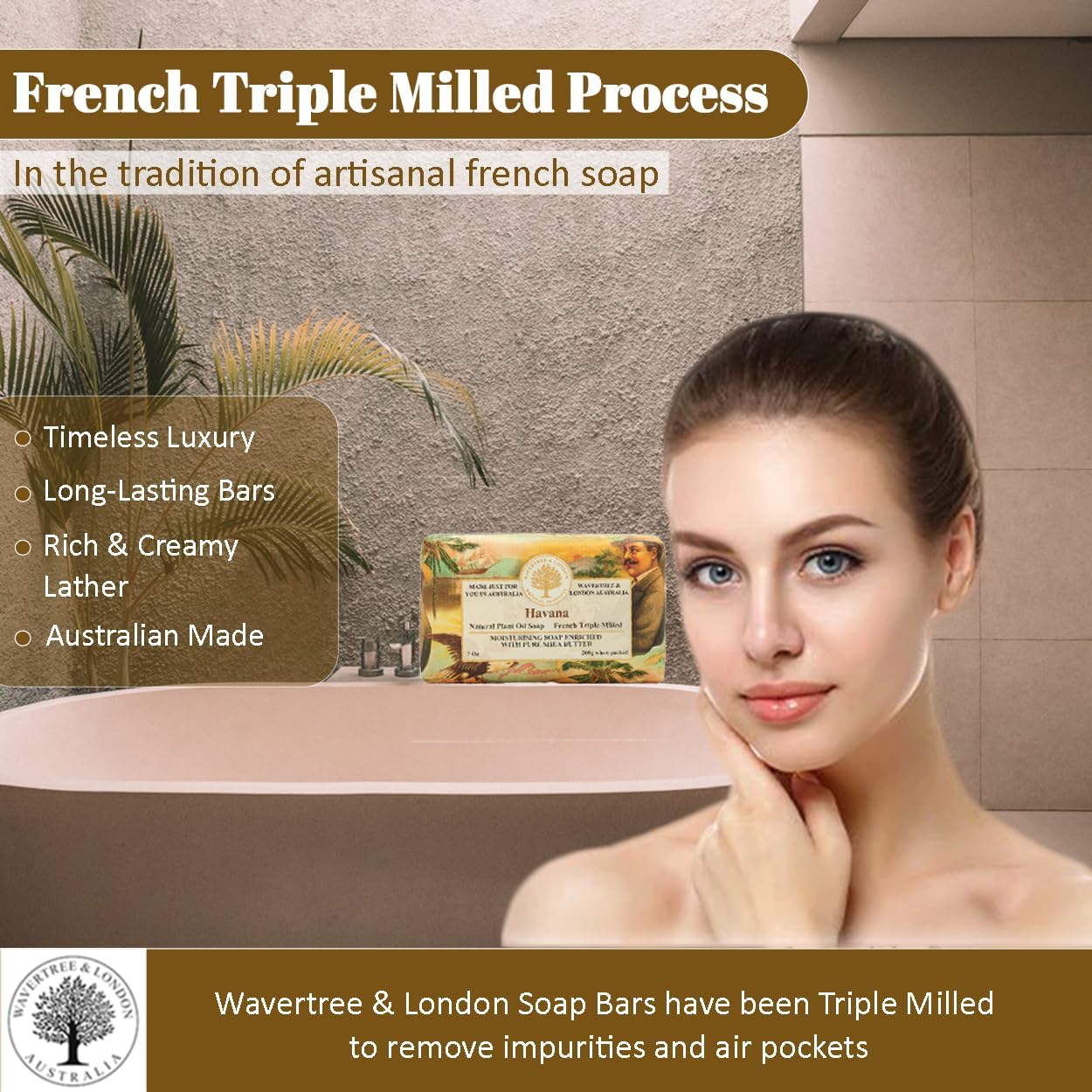 Wavertree & London Havana Scented Natural Soap Bar, 7oz Moisturizing French Triple Milled Soap Bar for Women & Men enriched with shea butter - Pure Bath & Body soap bar for All Skin Types