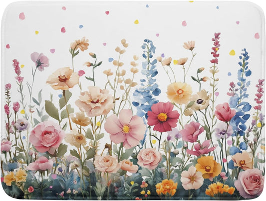 Colorful Flower Dish Drying Mat 18x24 Inch Botanical Floral Drainer Rack Mats Washable Absorbent Dish Dry Pad for Kitchen Counter Sink