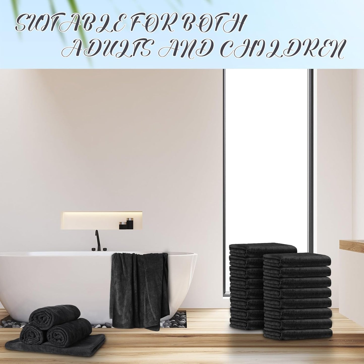 16 Pack Microfiber Bath Towels Bulk 27'' x 60'' Oversized Size Bath Towel Highly Absorbent Extra Large Soft Drying for Shower Beach Salon Winter Sport Spa Gym (Simple,Black)