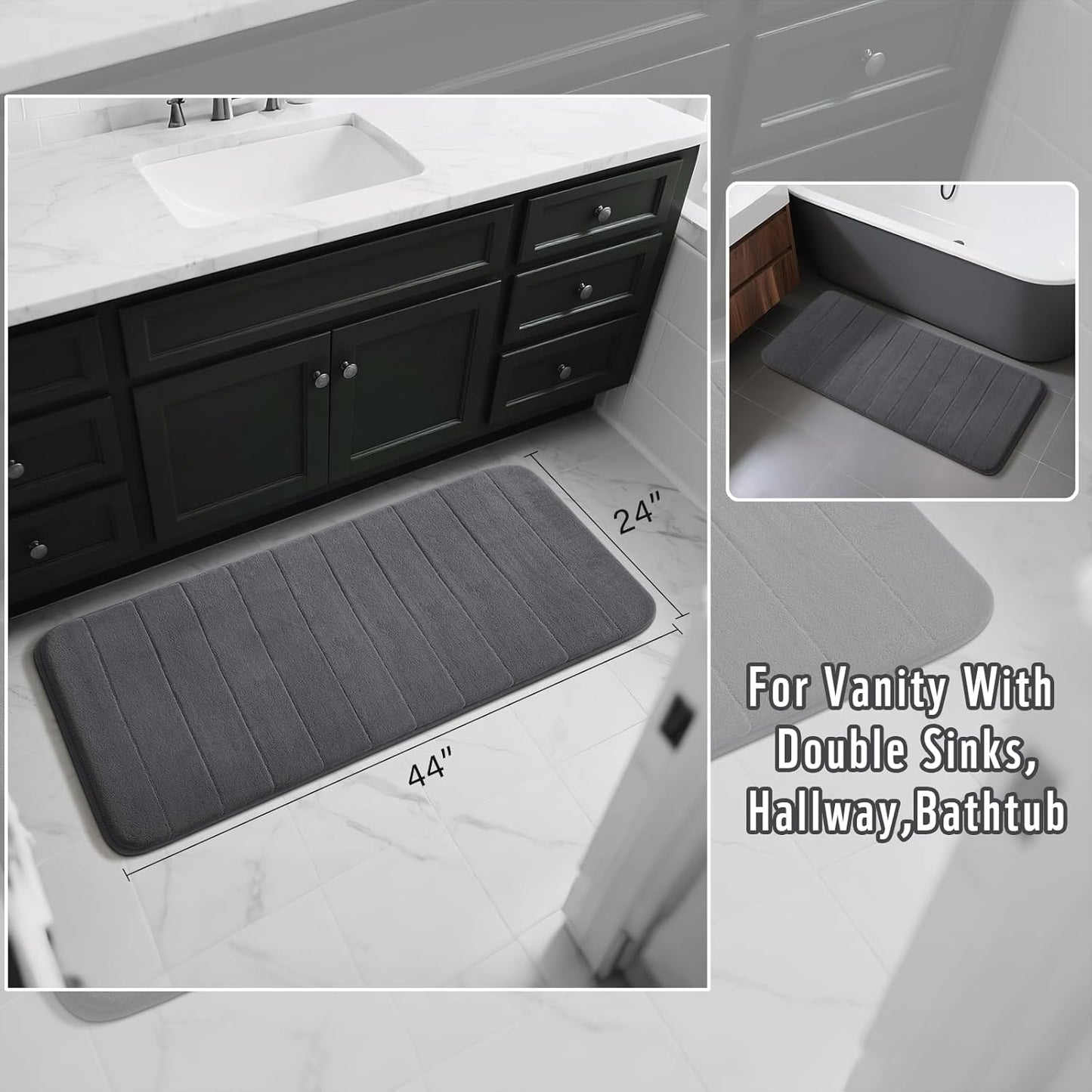 Yimobra Long Bath Mat 44"x24", Super Soft Quick Dry Memory Foam Bathroom Rug, Water Absorbent, Non Slip Backing Machine Washable for Tub Shower, Thick Comfort Support, Dark Gray