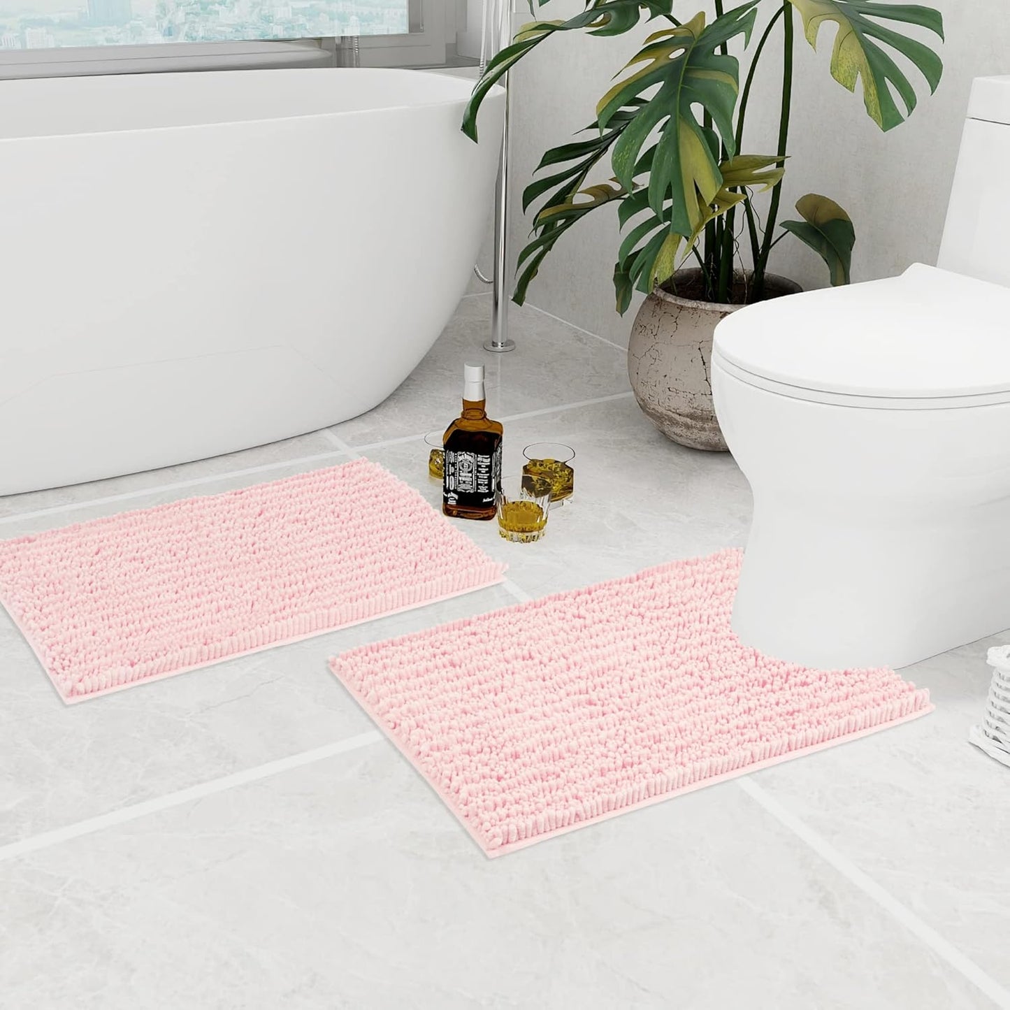 Walensee Bathroom Rug 2 Pieces Set Non Slip Bath Mat (20"x32" Plus 20"x24" U Blush) Water Absorbent Super Soft Shaggy Chenille Machine Washable Dry Extra Thick Perfect Carpet for Shower Floor