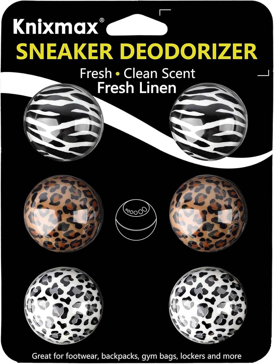 Knixmax Sneaker Deodorizer Shoe Freshener Balls, Boot Odor Eater Deodorizing Ball Sneaker Deodorants, Gym Bags Lockers Car Air Fresheners, 6 Packs Fresh Linen Leopard