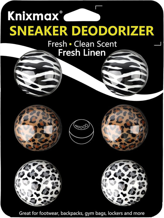 Knixmax Sneaker Deodorizer Shoe Freshener Balls, Boot Odor Eater Deodorizing Ball Sneaker Deodorants, Gym Bags Lockers Car Air Fresheners, 6 Packs Fresh Linen Leopard