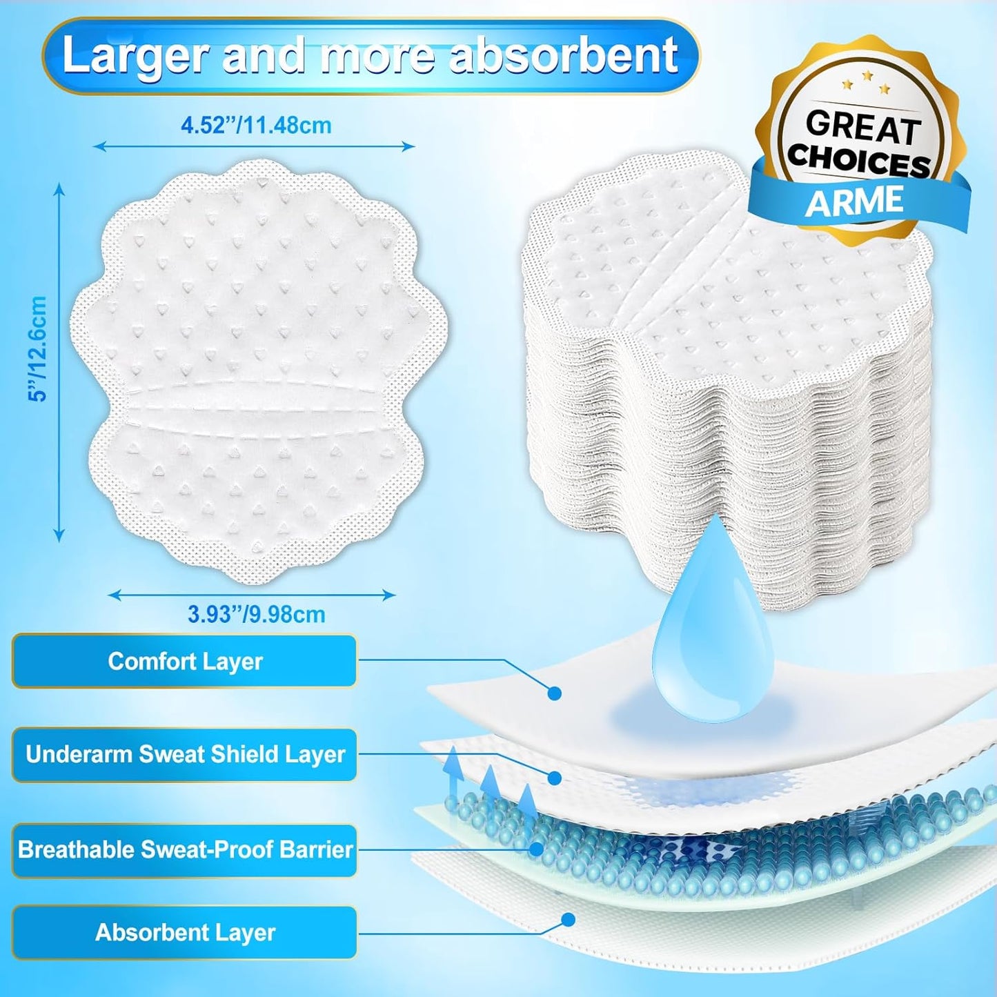 Arme Armpit Sweat Pads, 180 Pcs Wider and larger Underarm Sweat Pads for Men Hyperhidrosis, Disposable Sweat Pads for Under Arms, Sweat Free Armpit Protection for Outdoor Work Meeting