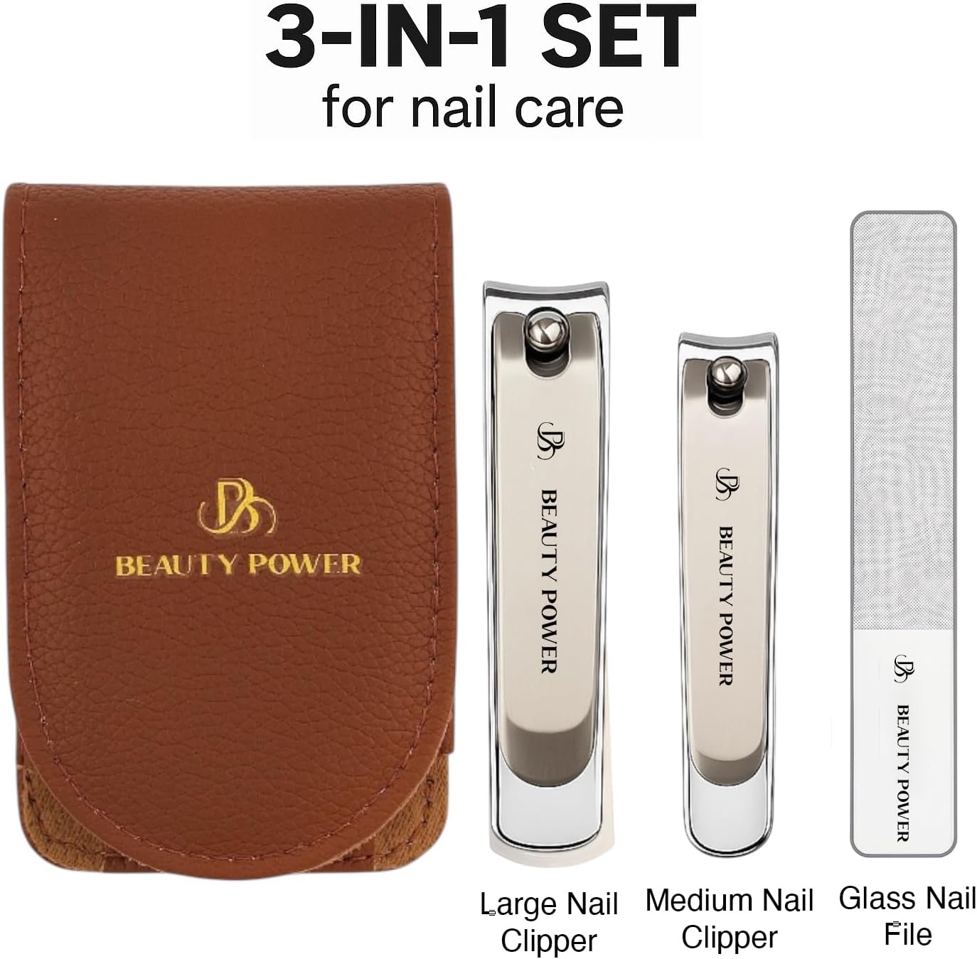 Nail Clippers Set 3 in 1 - Stainless Steel Toe Nail Clippers, Fingernail Clipper, Glass Nail File, Anti Splash, Ergonomic Grip in PU Leather Travel Case for Men & Women (Brown Case)