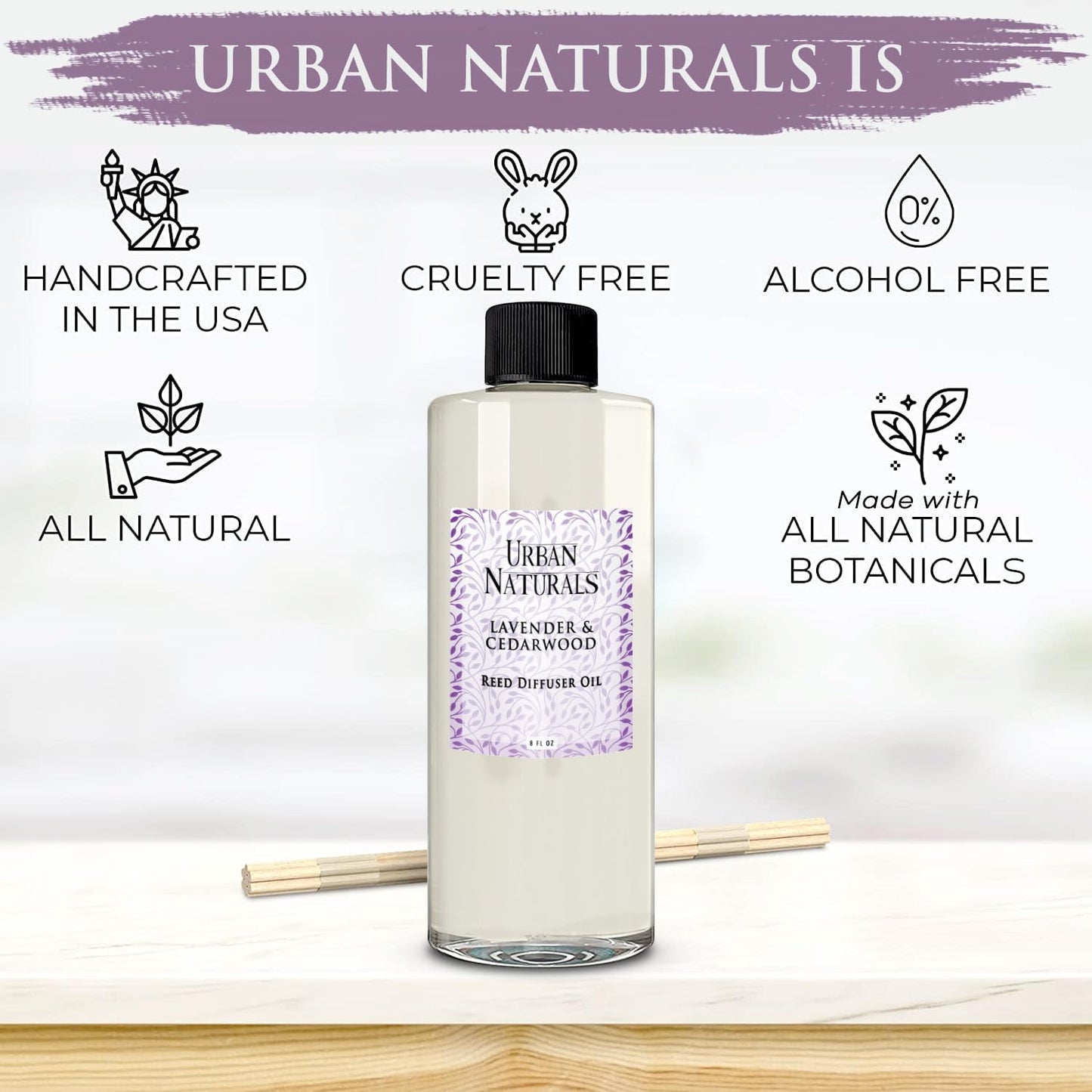 Urban Naturals Reed Diffuser Oil Refill Lavender Cedarwood with Warm Wood, Spa-Inspired Notes 8 oz + Free Reed Sticks, Made in The USA