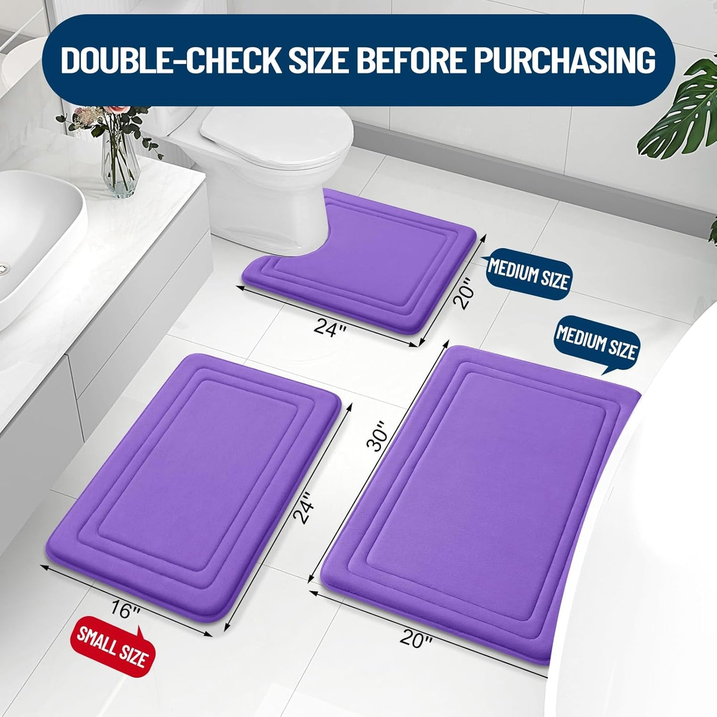 Grandaily Memory Foam Bath Mat Rug 30x20, Ultra Soft, Non-Slip and Absorbent Bathroom Rugs, Machine Wash Dry, Comfortable Bath Carpet for Bathroom Floor, Tub and Shower, Purple