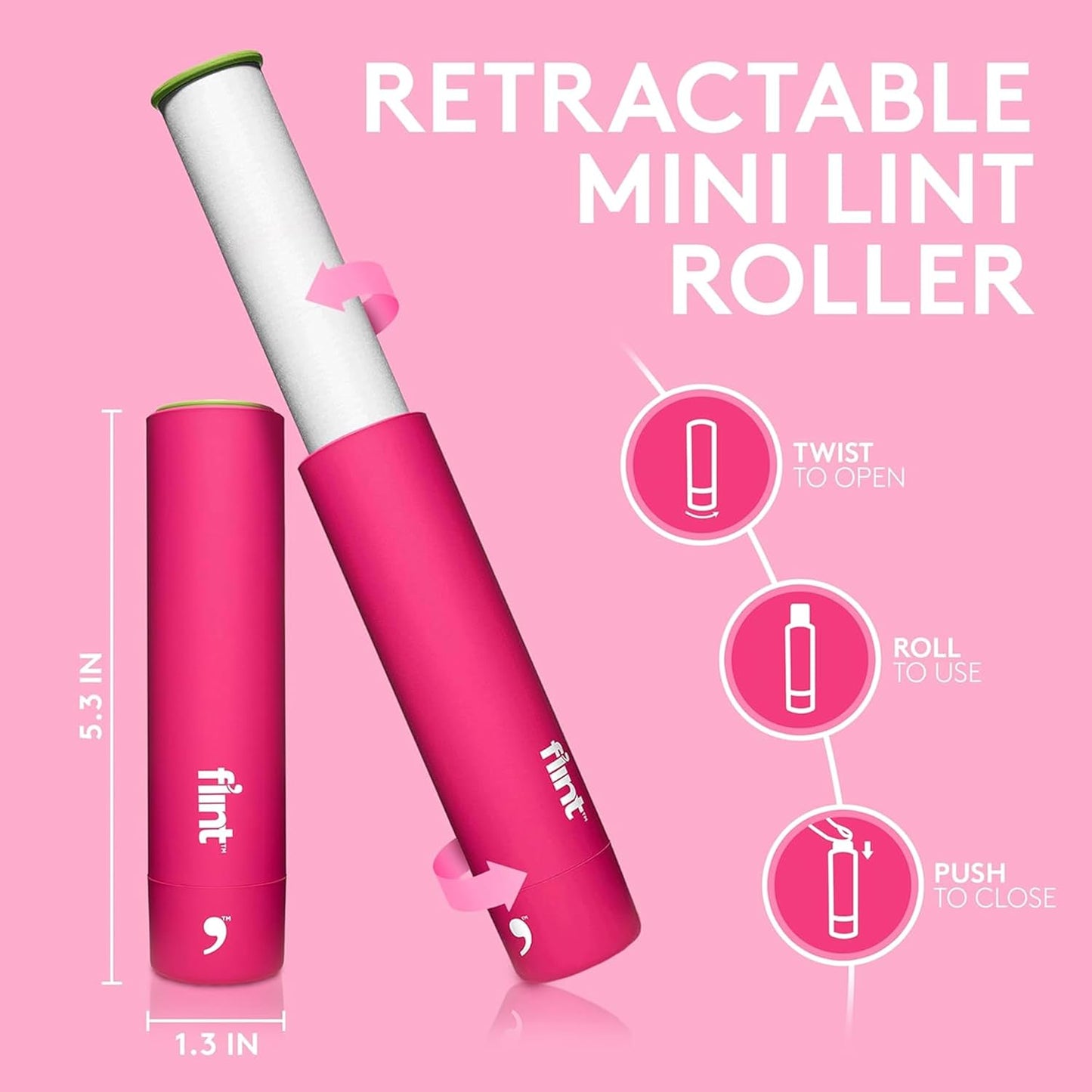 Flint Classic Pink Retractable Mini Lint Roller with 30 Extra Sticky Sheets, Small and Portable Lint Roller, Ideal Pet Hair Remover, Travel Lint Rollers for pet Hair Extra Sticky