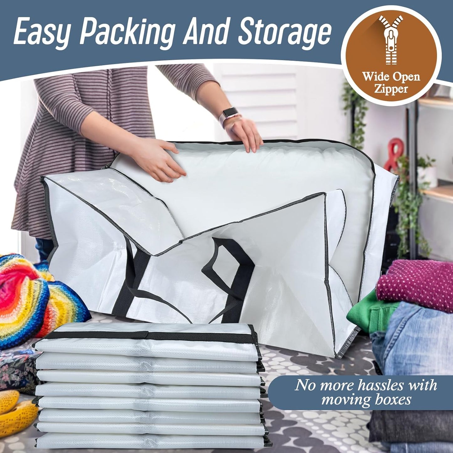12 Pack Extra Heavy Duty Large Moving Bags with Strong Zipper & Comfortable Handles, Sturdy & Durable Clothes Storage Bags Totes Bins, Packing Moving Boxes for College Supplies, White