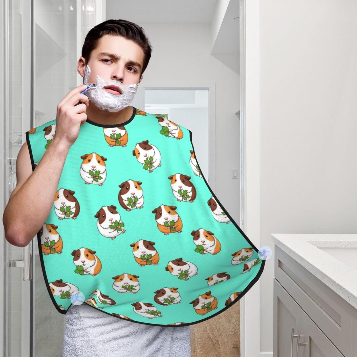 Beard Bib Apron for Men Shaving, Waterproof Non-Stick Hair Catcher with Suction Cups, Grooming Essential for Dad Husband, Cute Guine Pig Shave Bib