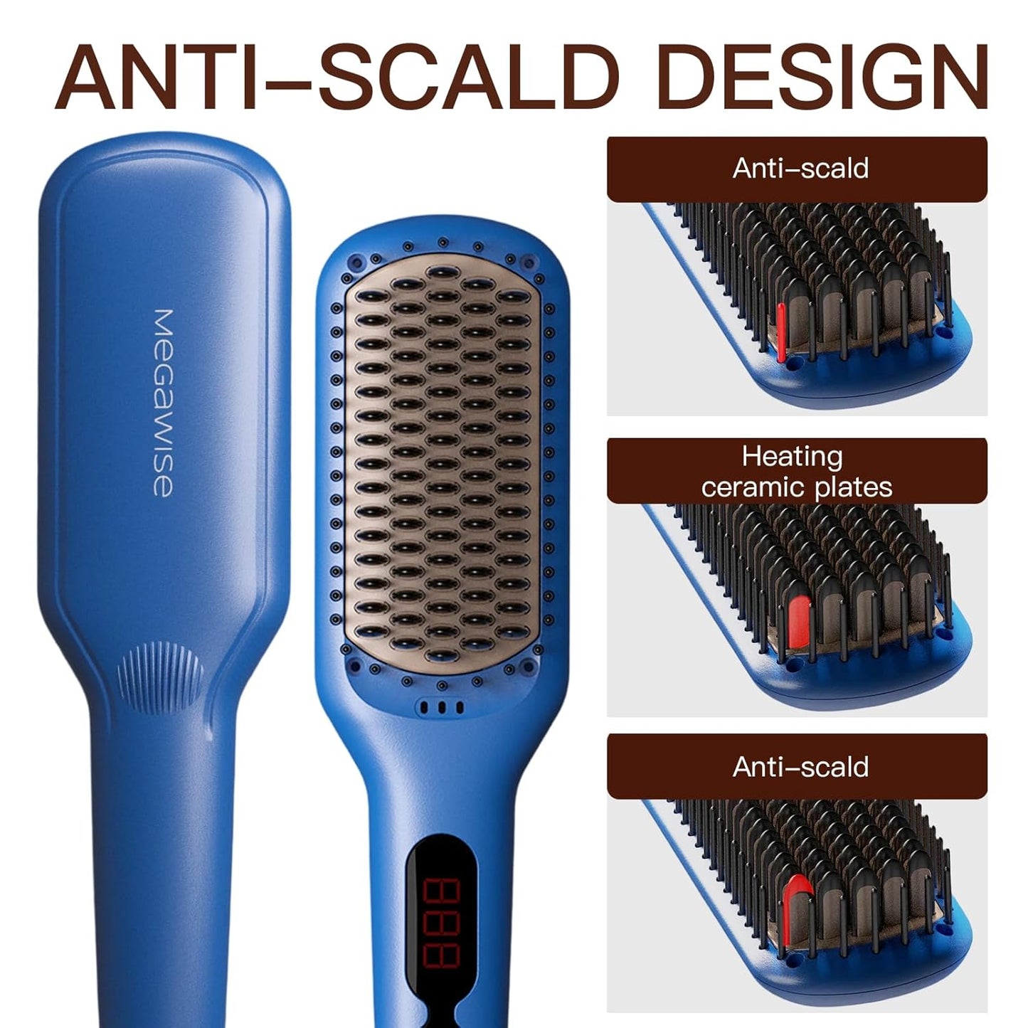 MEGAWISE Pro Ceramic Ionic Hair Straightener Brush for Home Salon, Straightening Hair Brush with 20s Heating Tech, Auto-Off, Anti-Scald with Universal Dual Voltage,Rotatable Power Cord, Gentian Blue