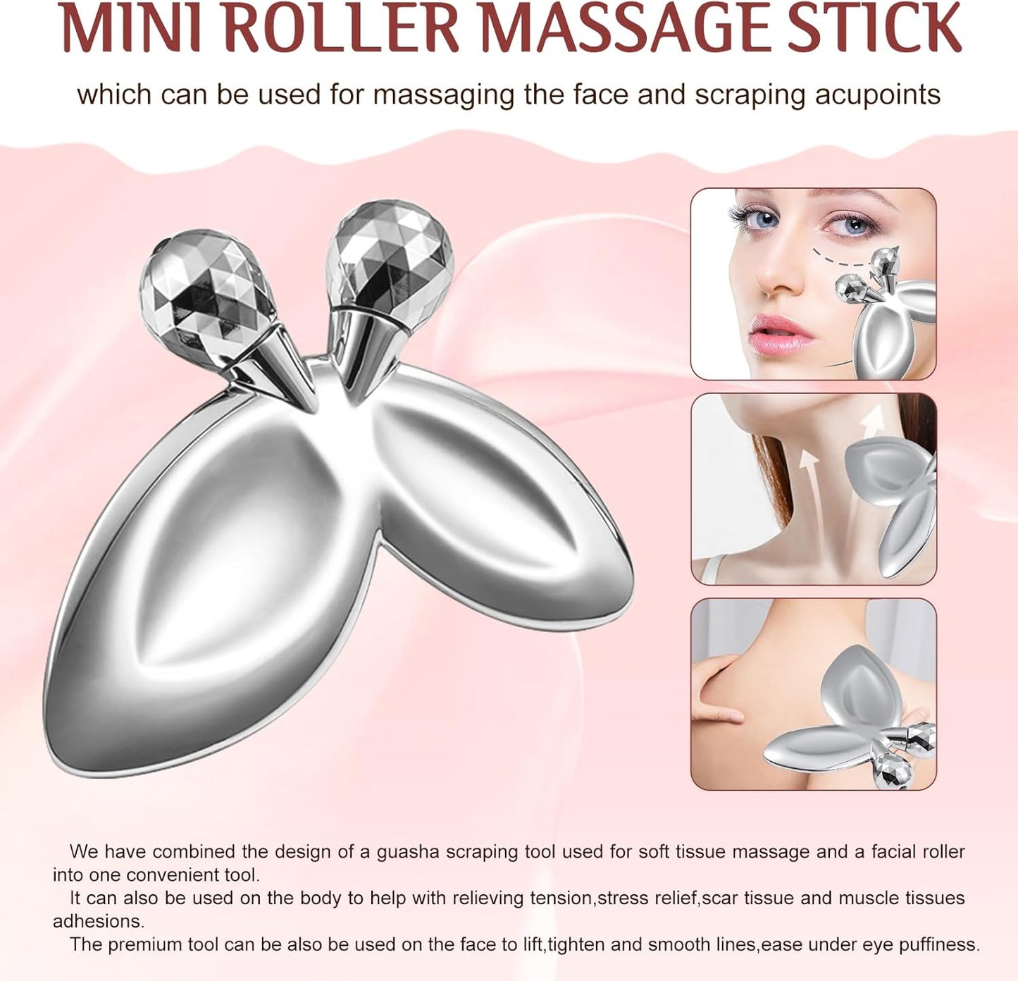 Gua Sha Facial Tools and Face Roller Set, Stainless Steel Facial Sculpting Eyes Roller Guasha for Face, Chin & Jawline Sculpting,Skin Care (Stainless Steel)