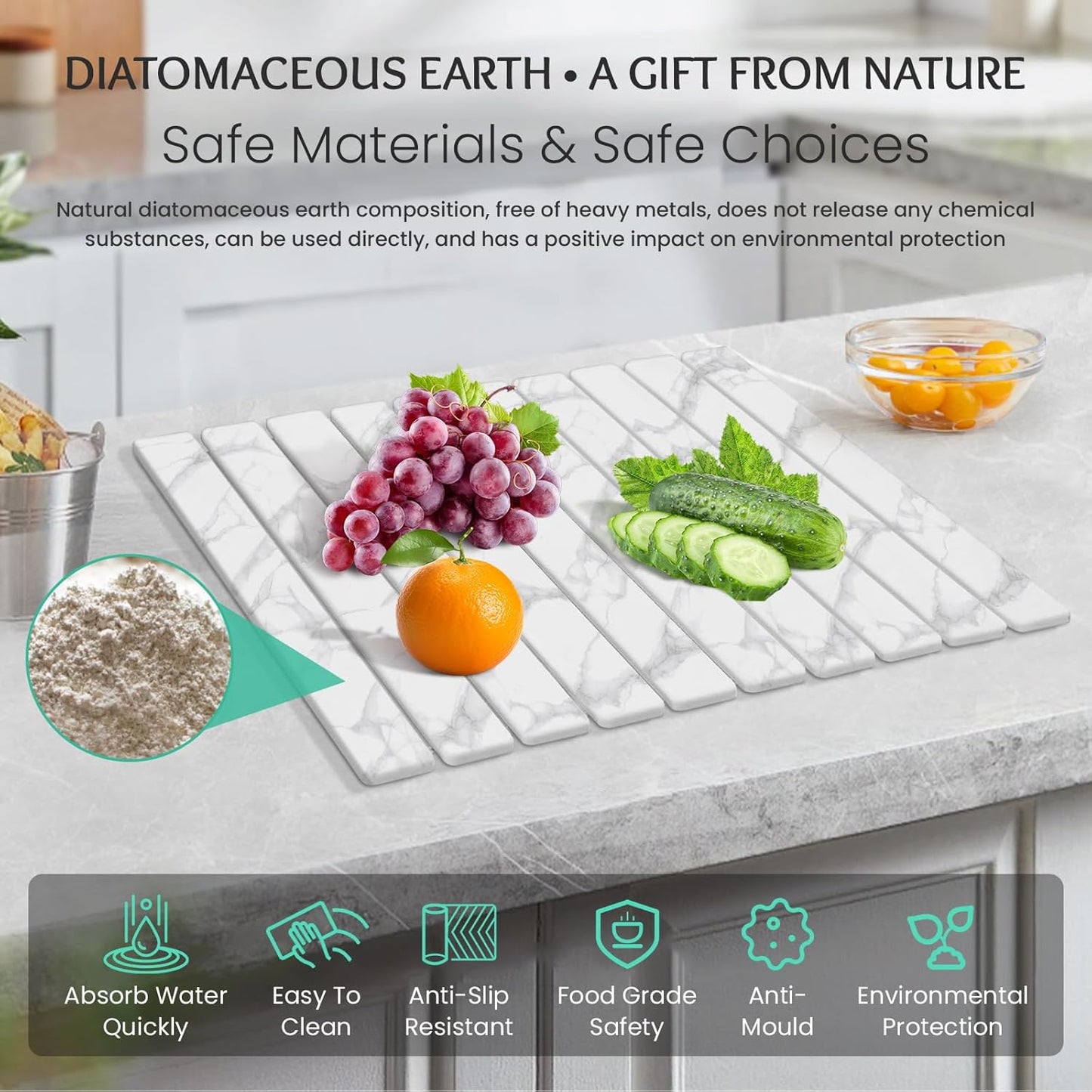Stone Dish Drying Mat Collapsible Diatomaceous Earth Absorbent Mat Quick Dish Drying Pad Dish Rack Pad Match Any Counterto Multiple Usage for Kitchen,Bathroom (White Marble Pattern, 24"L x 16"W)