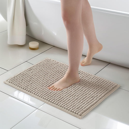 FRESHMINT Thick Chunky Chenille Bathroom Rug, 17"x24", Non Slip Bath Mat, Soft Decor Accessory, Cute Shower Mat, Water Absorbent, Washable, Beige