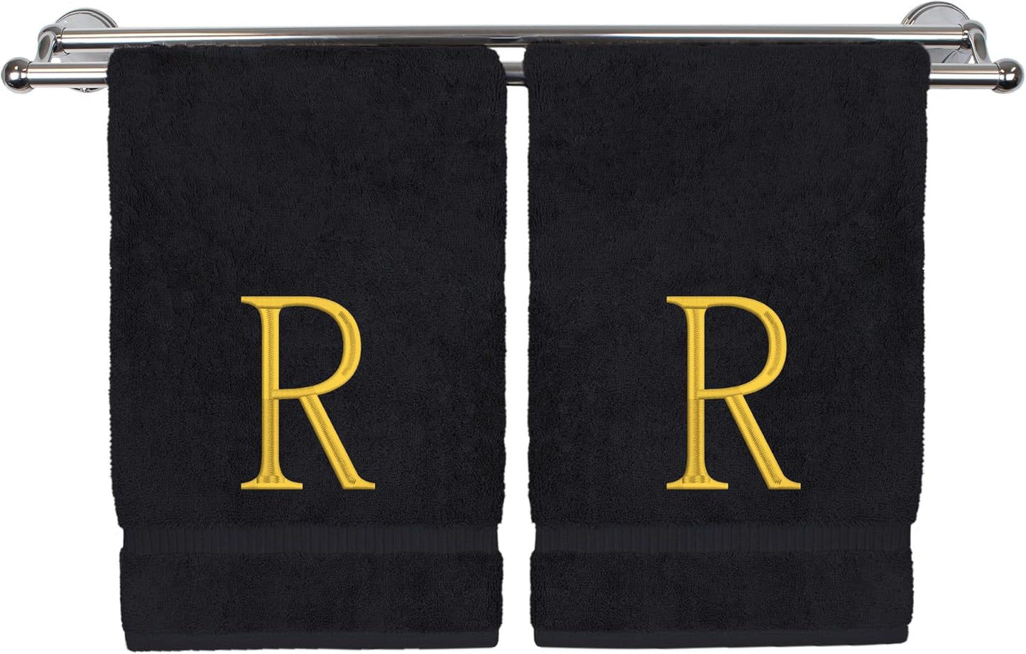 Monogrammed Hand Towel, Personalized Initial Gift, Extra Absorbent 100% Turkish Cotton - Soft Terry Finish - Set of 2 - Gold Block Initial R - Embroidered on Black Towels