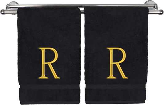 Monogrammed Hand Towel, Personalized Initial Gift, Extra Absorbent 100% Turkish Cotton - Soft Terry Finish - Set of 2 - Gold Block Initial R - Embroidered on Black Towels