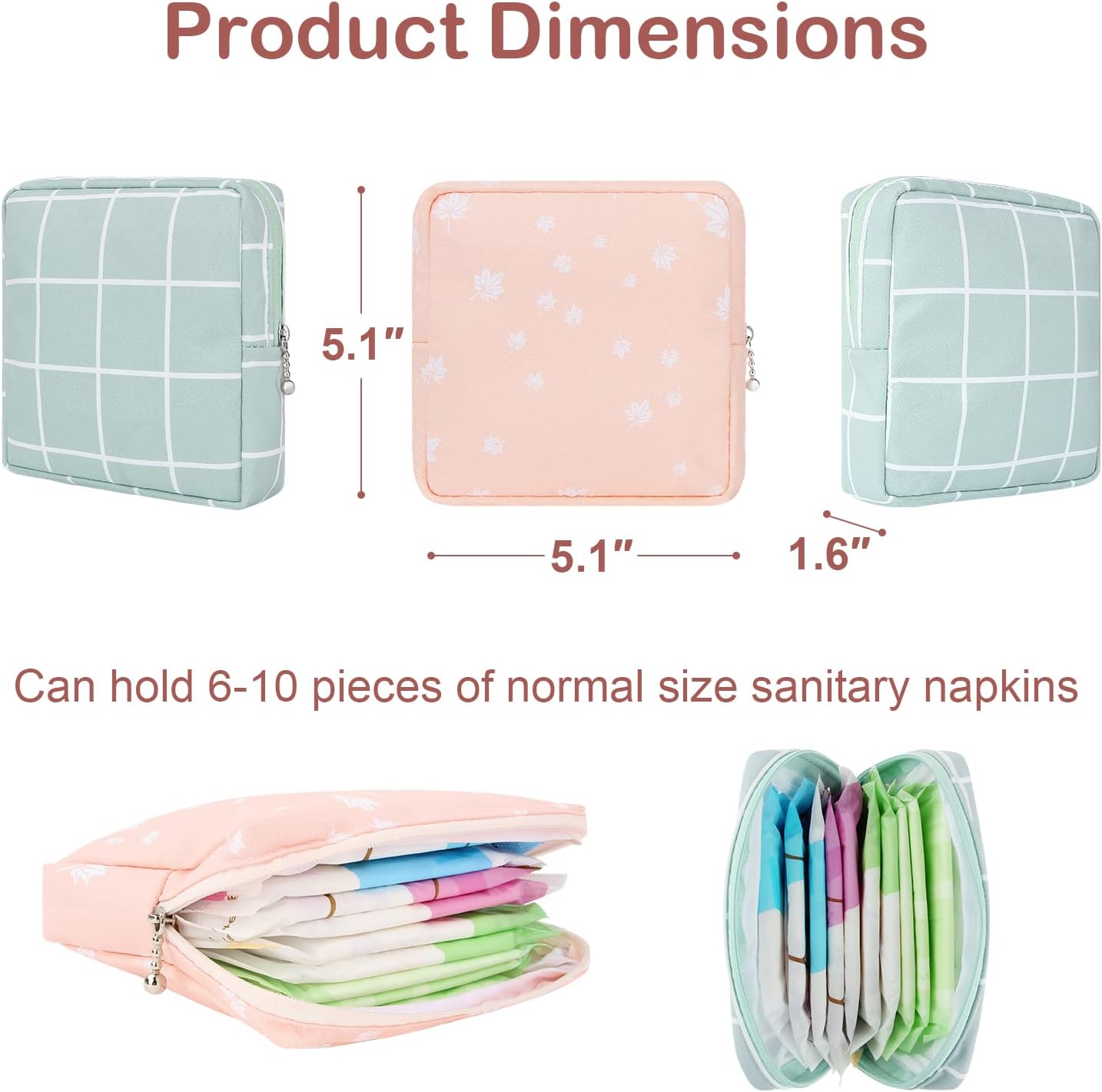 Desing Wish Period Bag, Sanitary Napkin Storage Bag for Feminine Pads Panty Liners Tampons and Reusable Pads, Sanitary Pads Pouches First Period Kit for Teen Girls Women Ladies 2 Pack (Leafs/Grids)