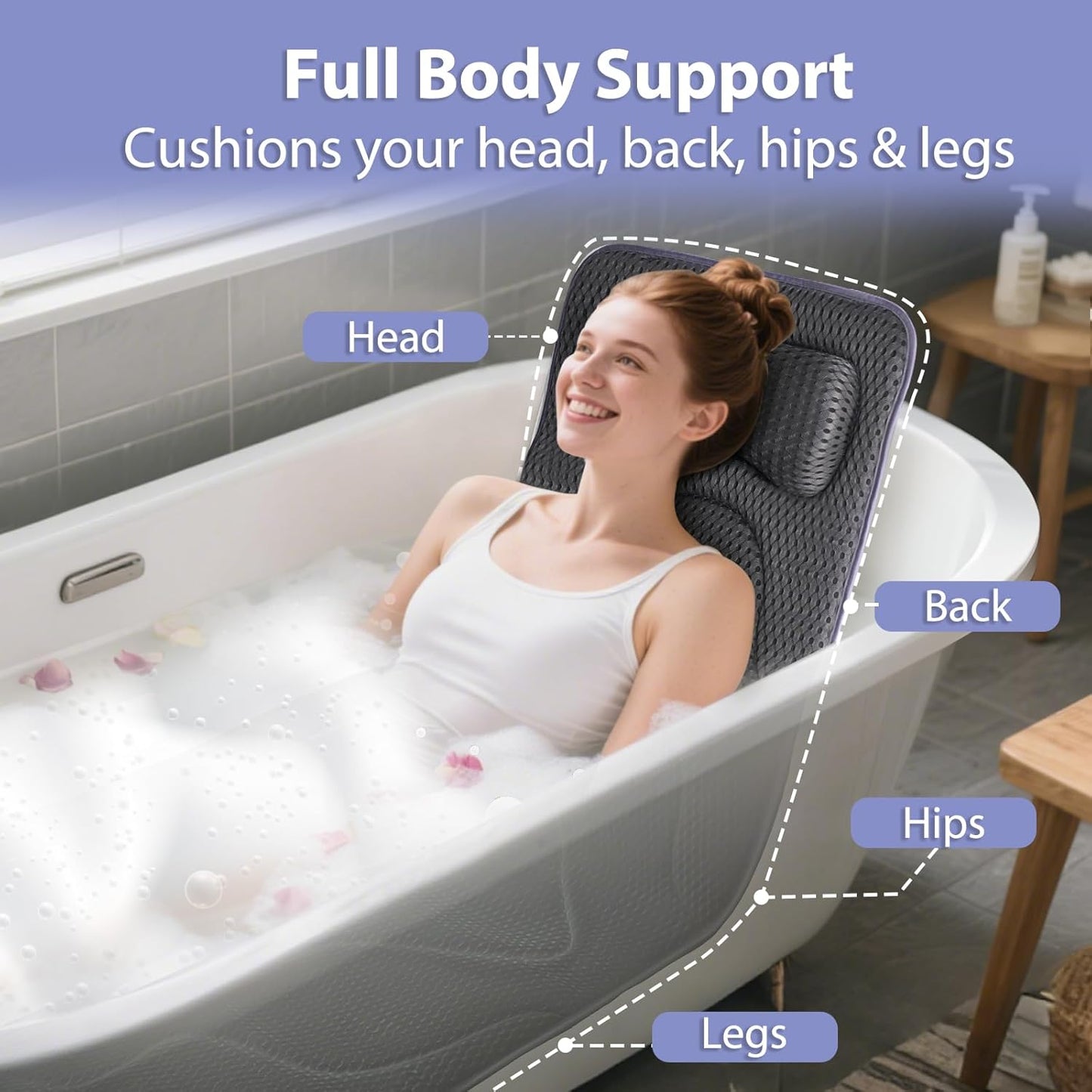 Full Body Bath Pillow for Tub -Soft Bathtub Pillow for Full Back, Head and Neck Support, Quick Dry Bath Cushion, Tub Pillow with 168 Suction Cups, Bathtub Accessories for Gift