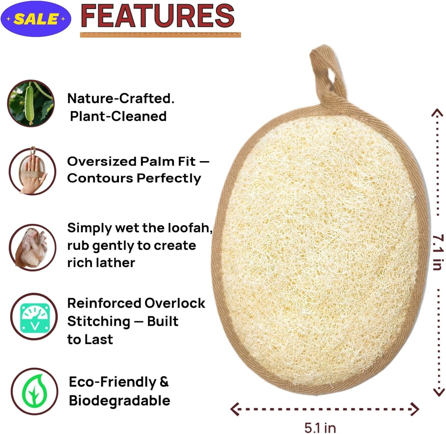 Natural Loofah Bath Sponge Set of 2 ，Exfoliating Body Scrubber，Large Size 7.1"x5.1" Oval Dual-Color (White & Brown) ，Men's and Women's Styles, Spa-Grade Couple Gift，Eco-Friendly Shower Gift
