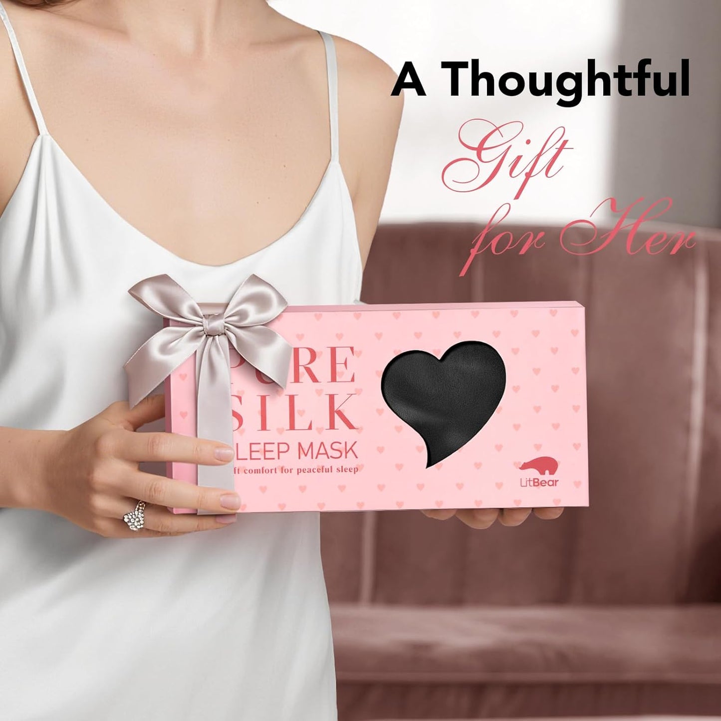 LitBear 100% Pure Silk Sleep Mask, 22 Momme 6A Mulberry Silk Fabric and Filling, Total Light Blocking Eye Mask Sleeping for Women, Men, Side Sleepers, Includes Travel Pouch and Scrunchie