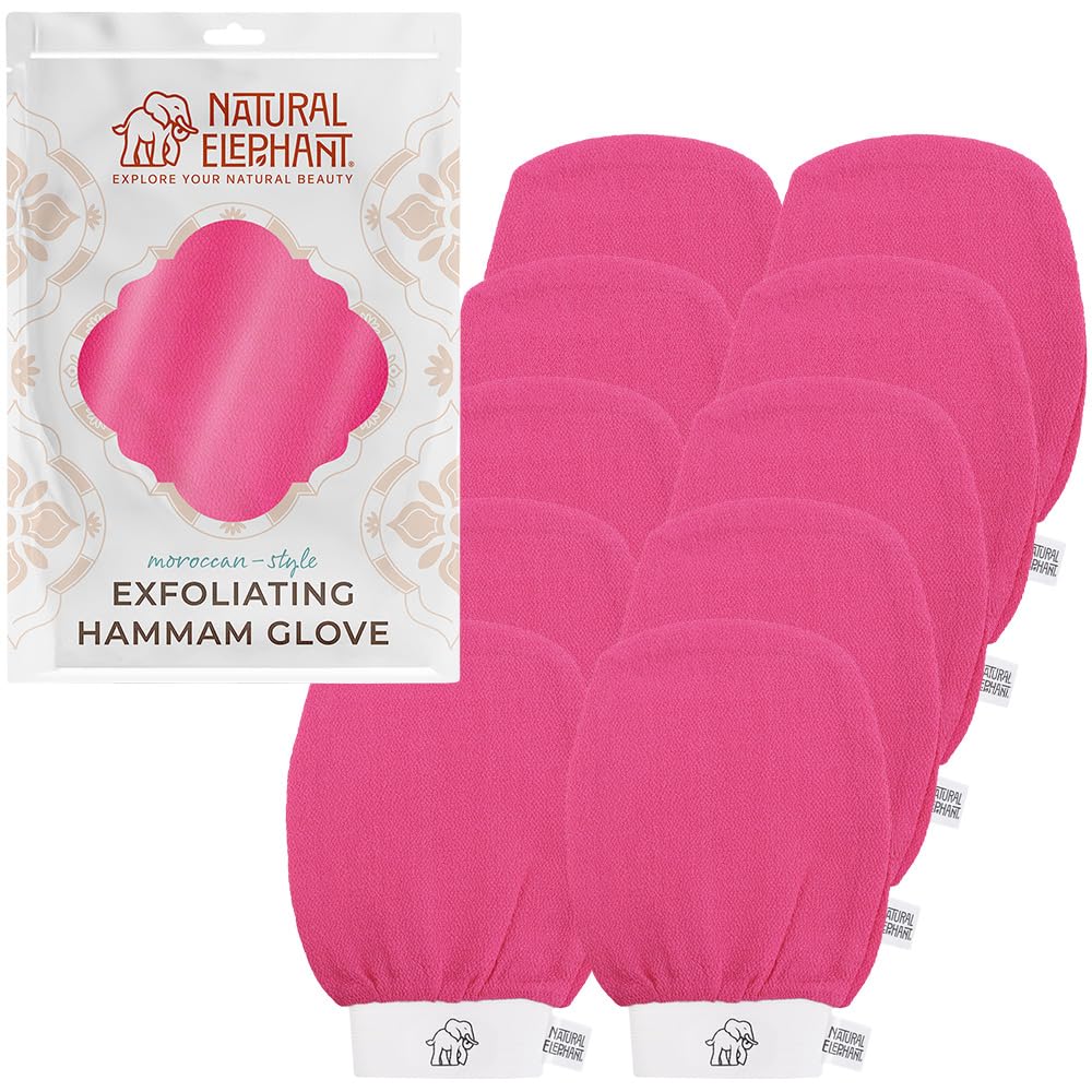 Natural Elephant Exfoliating Hammam Glove - Face and Body Exfoliator Mitt 5 and 10 Packs (Pink Tulip (Pack of 10))