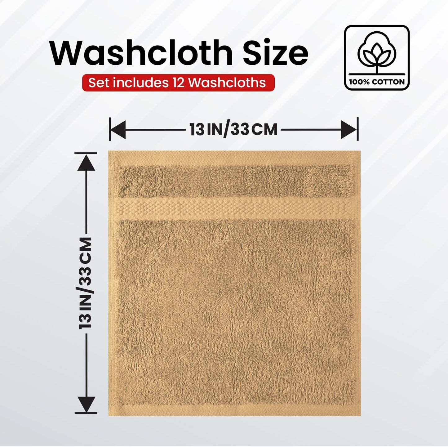 Infinitee Xclusives Luxury Wash Cloths for Showering [13x13] – 100% Cotton Washcloths [Pack of 12], Soft and Absorbent Face Towels for Bathroom Wash Clothes, Gym, and Spa (Cosmic Sand)