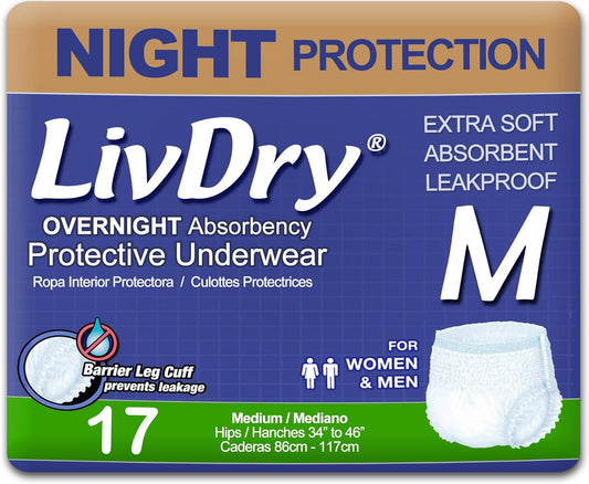 LivDry Adult M Incontinence Underwear, Overnight Comfort Absorbency, Leak Protection, Medium, 17-Pack