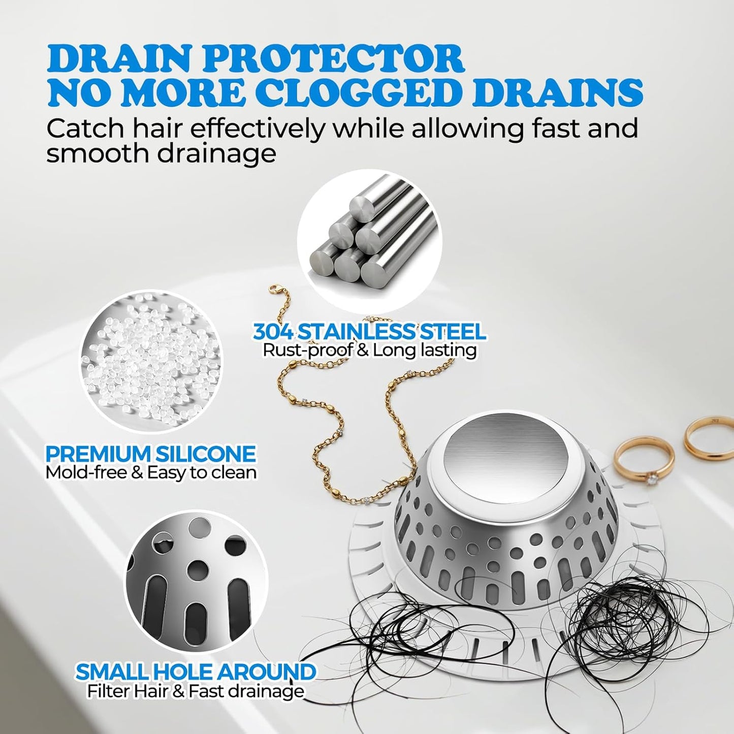 zaa Drain Hair Catcher - Bathtub Drain Cover, Hair Stopper for Bathtub Drain, 304 Stainless Steel Drain Protector and Hair Trap for Flat & Pop-up Drains, Silver White