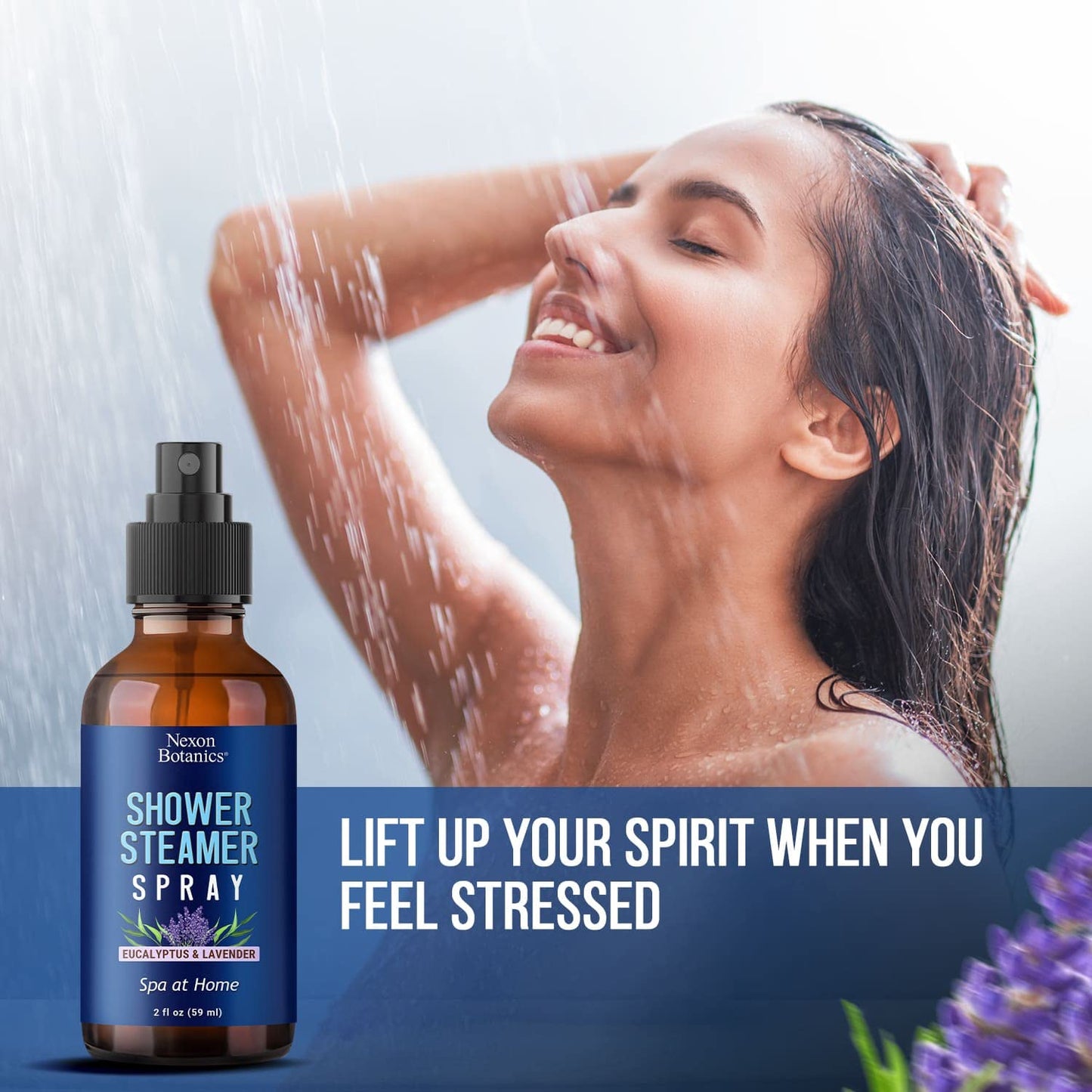 Eucalyptus & Lavender Shower Steamer Spray 2 fl oz - Aromatherapy Mist for Spa & Bathroom - Freshens Air, Enhances Mood, Instant Deodorizer - Nexon Botanics