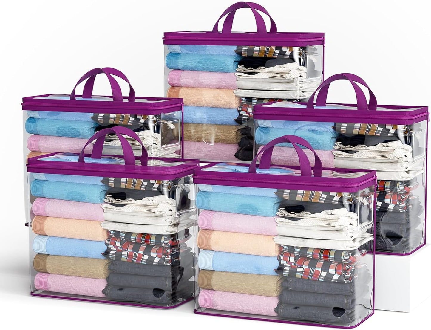 5PACK Clear Zippered Storage Bags for Clothes, 22L Closet Organizers Bag, and Blanket Storage Bags for Bedding, Linen, Blankets, Comforters, Clothing & Toys (Purple)