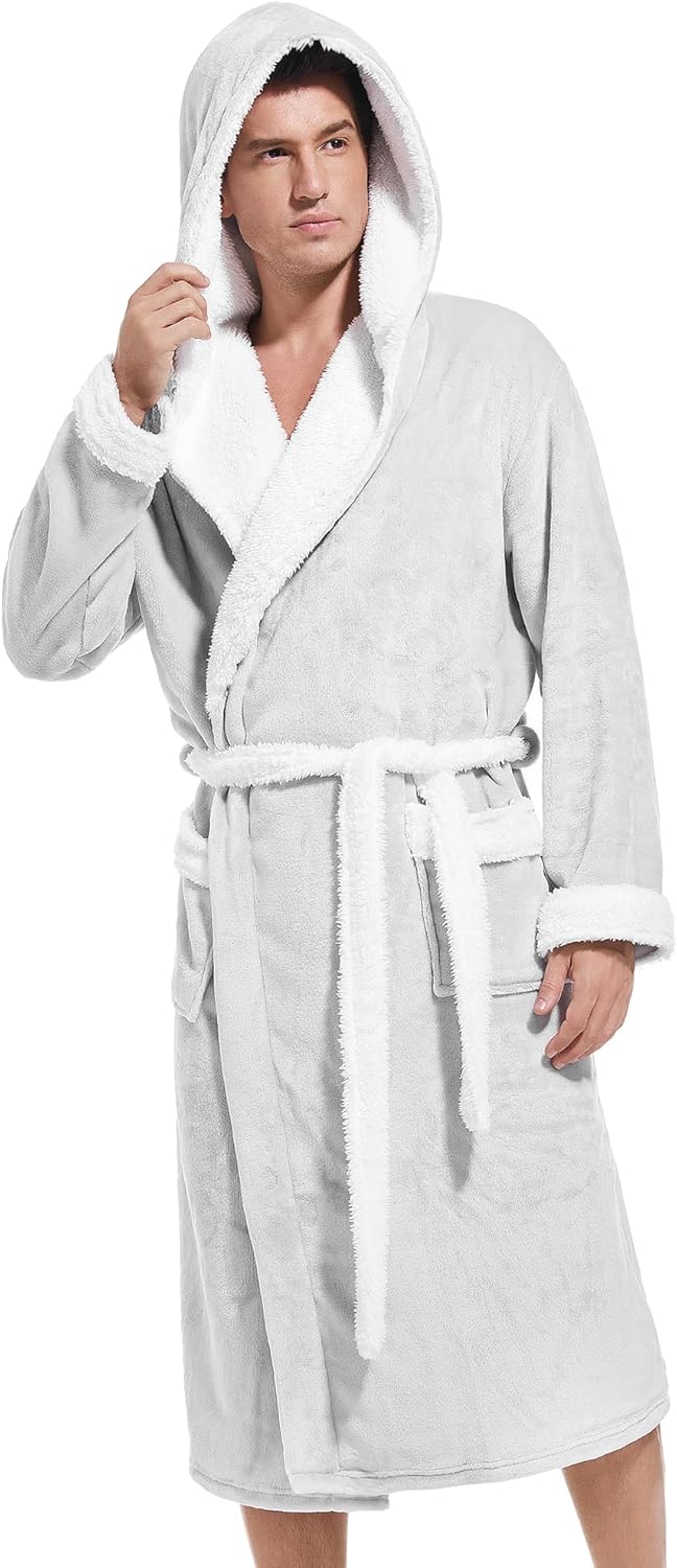 Inner Wish Mens Hooded Robe, Plush Long Bath robes Cozy Warm Bathrobe Fuzzy male Spa Robe With Pockets