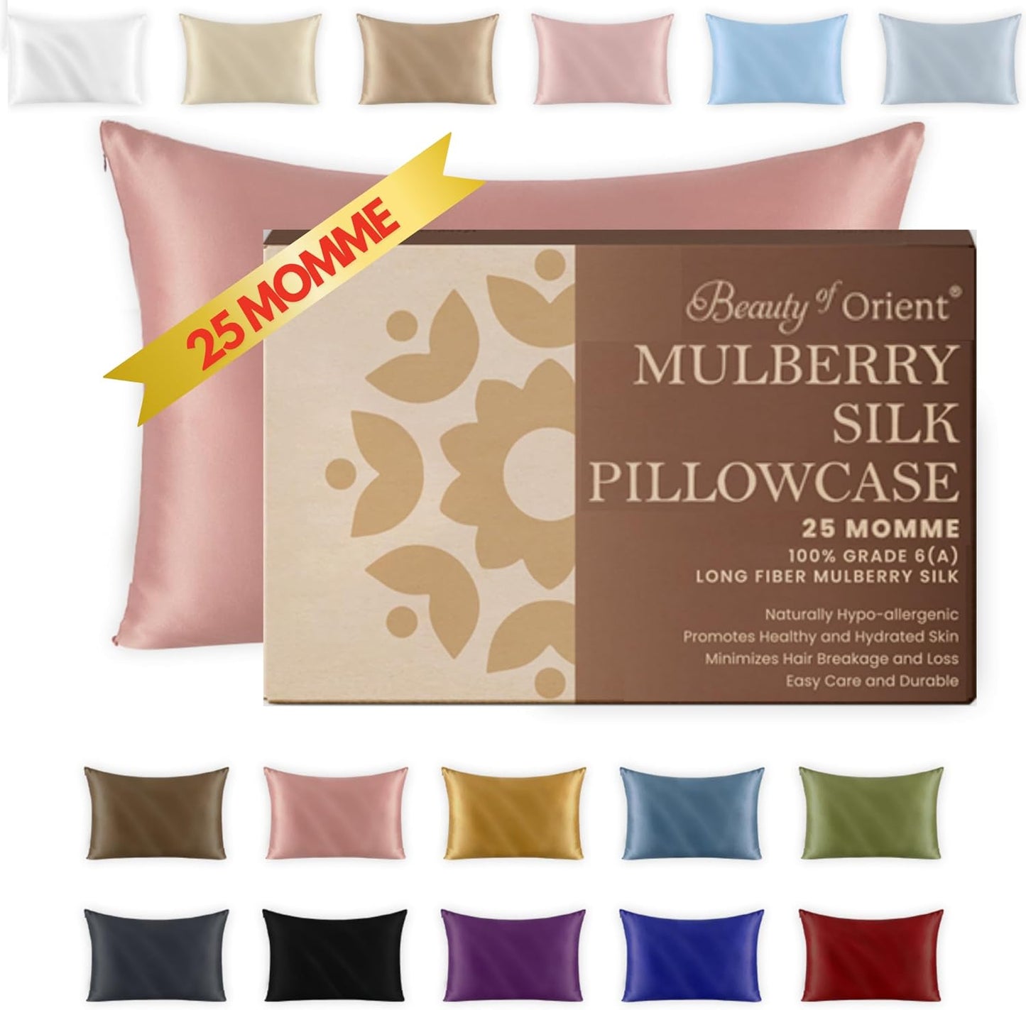 25 Momme Premium Mulberry Pink Silk Pillowcase for Hair and Skin | Handcrafted Hypoallergenic & Anti-Acne Silk Pillow Cases with Zipper | Standard - 20" x 26", Ballerina