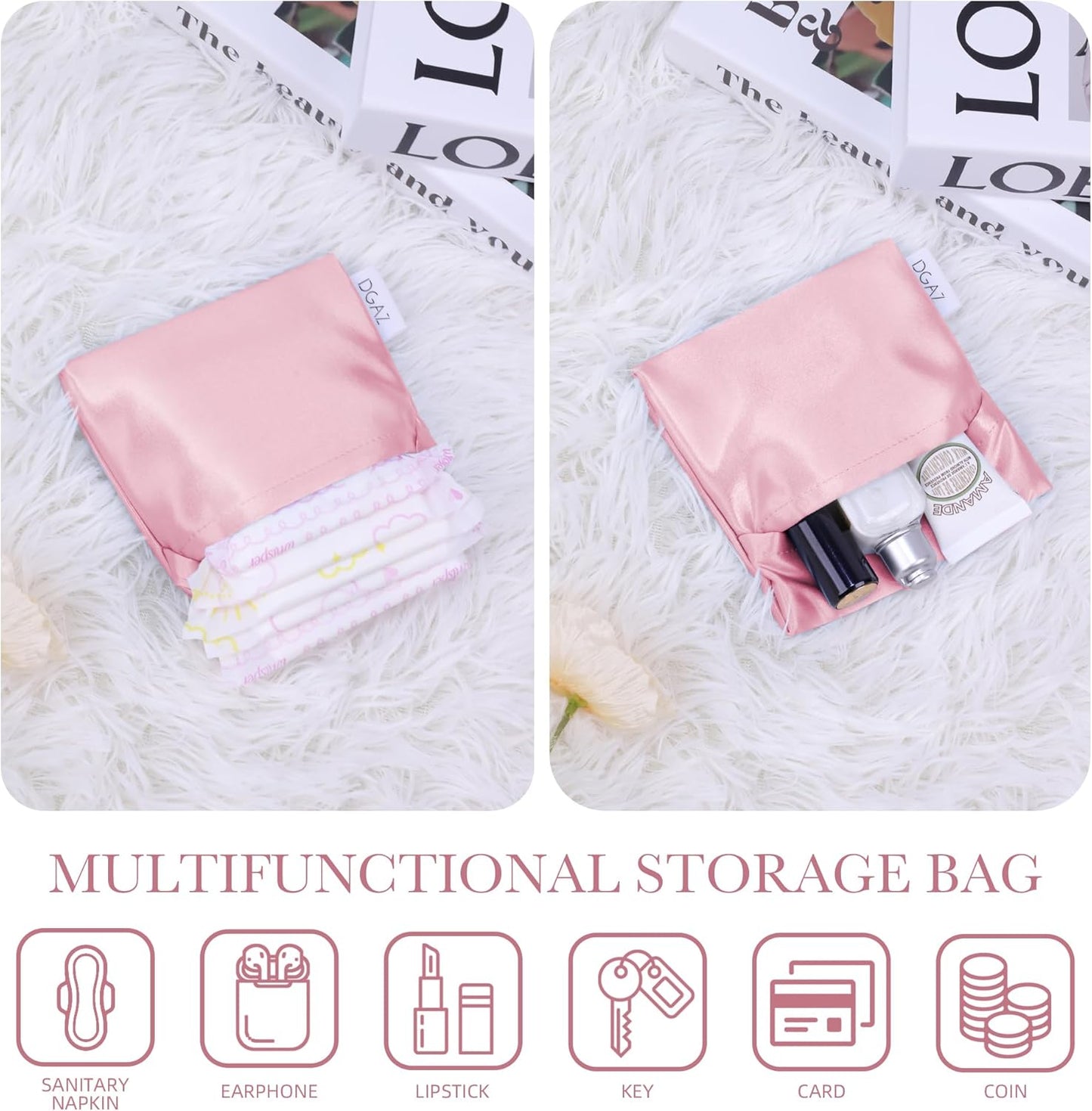 DGAZ Silk Sanitary Napkin Storage Bag, Period Bags for Teen Aged Girls, Portable for Panty Liners/Menstrual Cup/Small Tampons，Mini Makeup Bags for Purse(Bubblegum)
