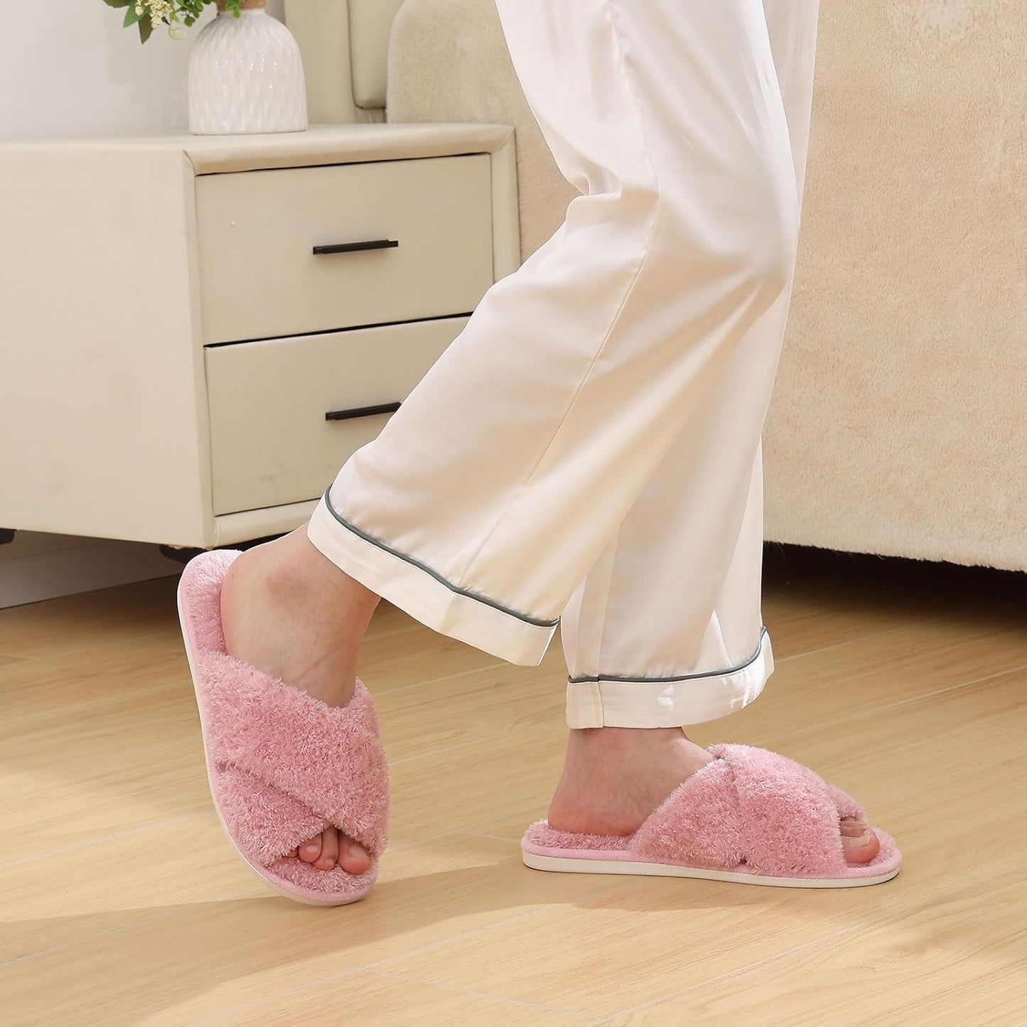 Evshine Women's Fuzzy Slippers Cross Band Memory Foam House Slippers Open Toe