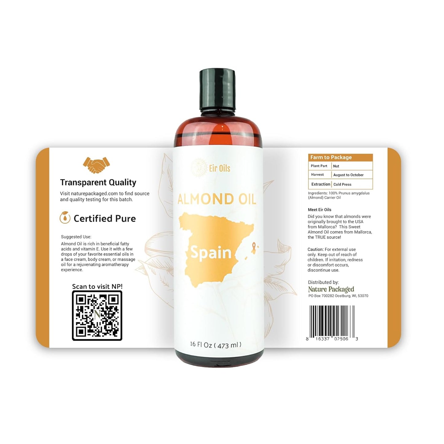 Sweet Almond Oil (16 oz) - for Skin and Hair - Carrier Oil for Essential Oils Mixing - From EIR Oils' Farm in Mallorca, Spain - 1 Pack