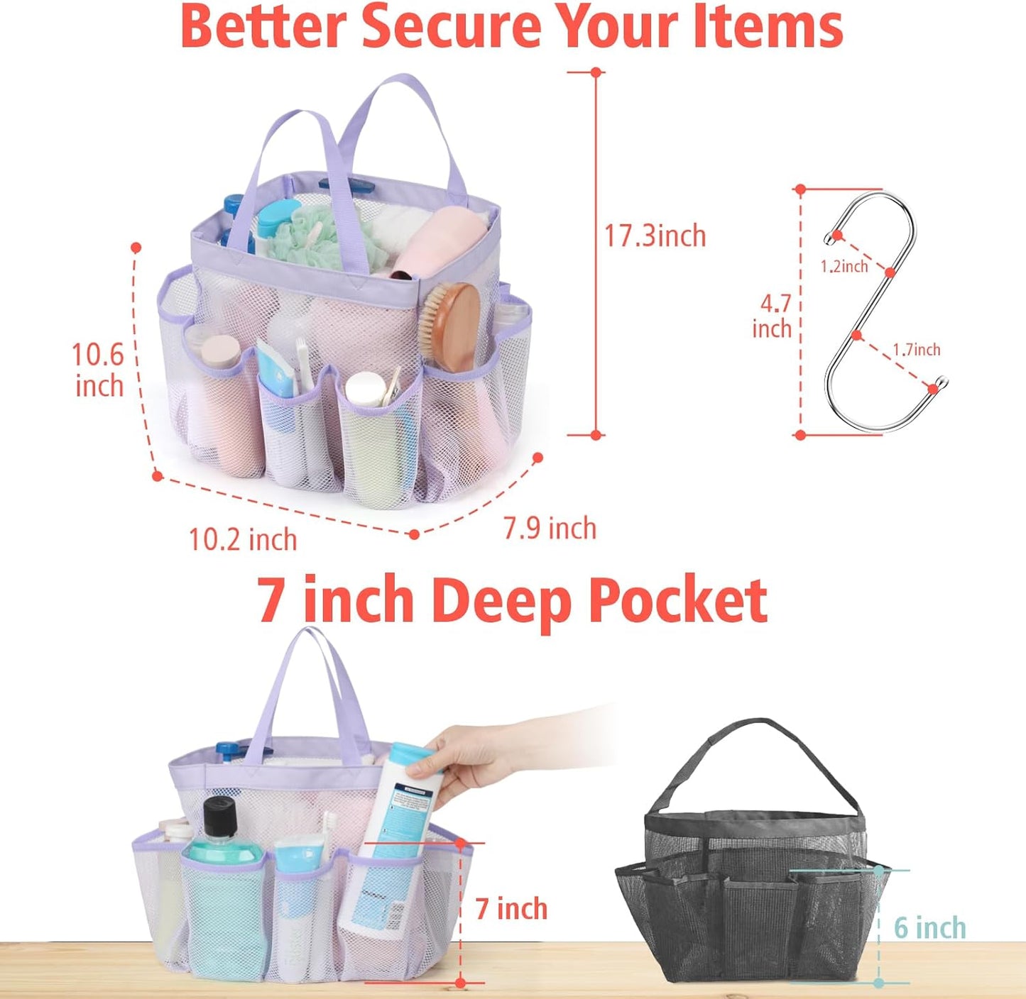 F-color Mesh Shower Caddy Portable, Upgrade Deeper 7 Pockets Shower Bag Basket Tote for College Dorm Room Toiletry Bathroom Essentials Gym Camp Quick Dry 2 handles with S Hook, Purple