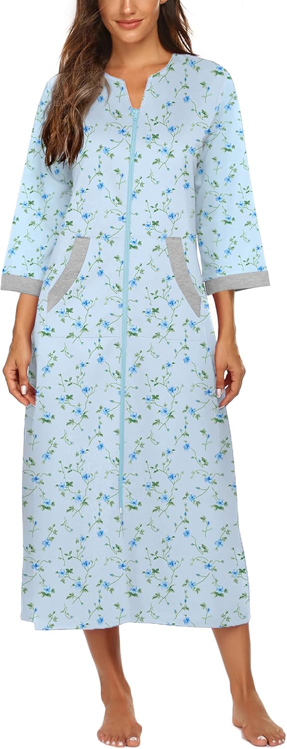 Ekouaer Women Zipper Robe 3/4 Sleeves Loungewear Dress Full Length Sleepwear Pockets Housecoat Nightgown Long Bathrobe