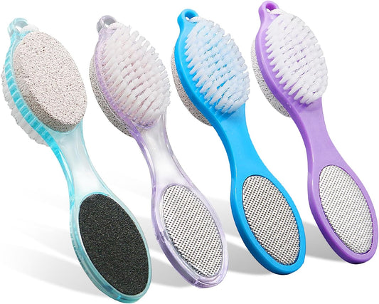 Foot Brush and Pumice Stone - 4 Pack Foot Brush Scrubber for Shower 4 in 1 Pedicure Foot File Exfoliator for Foot Care - Purple and Blue