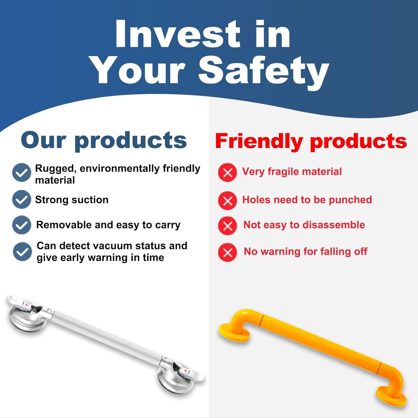 Shower Handle Upgraded 21 inch Grab Bar for Bathtub,Shower Handles with Strong Suction Cup,Bathroom Safety Grab Bar for Handicap Elderly Seniors and Disabled,Heavy Duty,Silver