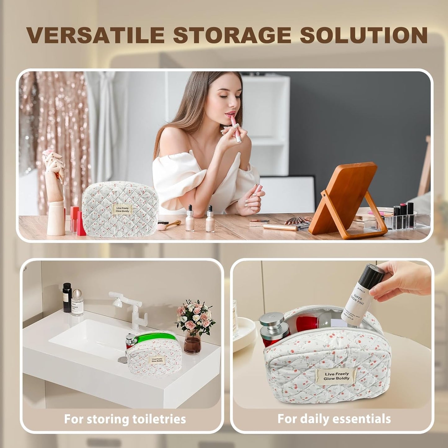 3Pcs Large Travel Quilted Makeup Bag, Double Layer Cute Floral Cotton Toiletry Bag, Aesthetic Flower Cosmetic Bag Coquette Skincare Organizer Bag for Women (79-Cherry)