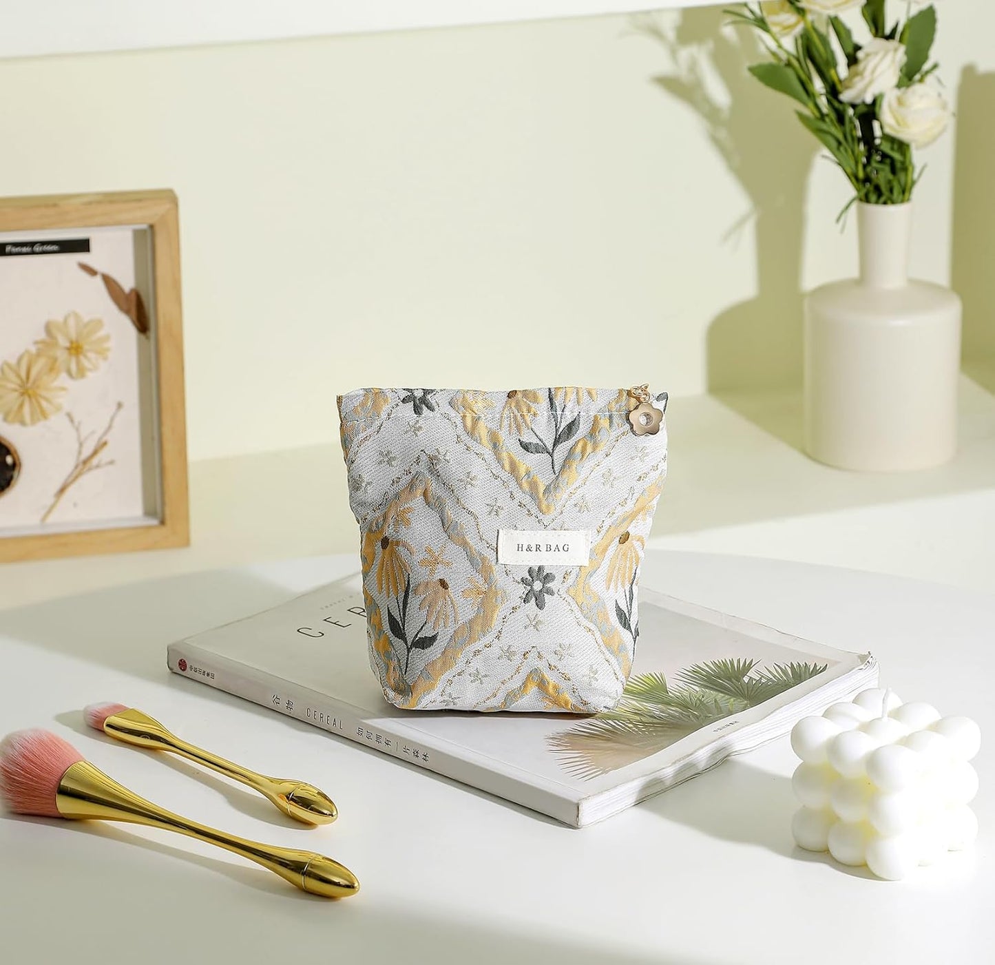 2 Pcs Makeup Bags, Large Cosmetic Bag Travel Toiletry Bag Organizer for Women, Embroidery Craft, Floral Makeup Bag Small Cosmetic Pouch Purse with Zipper Gifts for Girls Teen